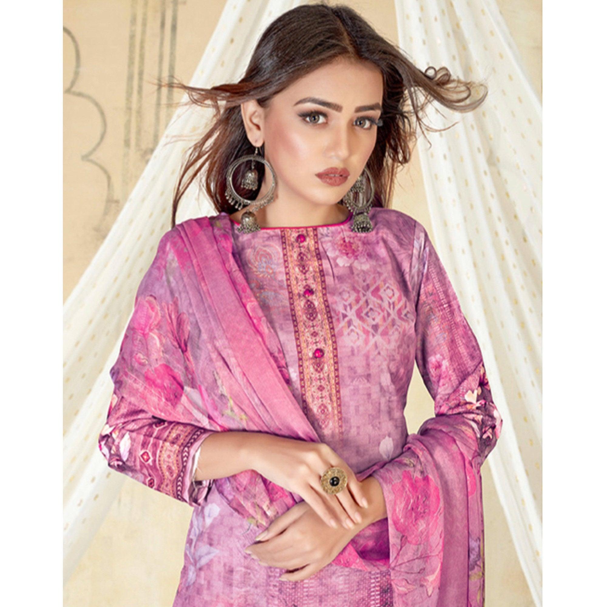 Purple Casual Wear Floral Printed Cotton Dress Material - Peachmode
