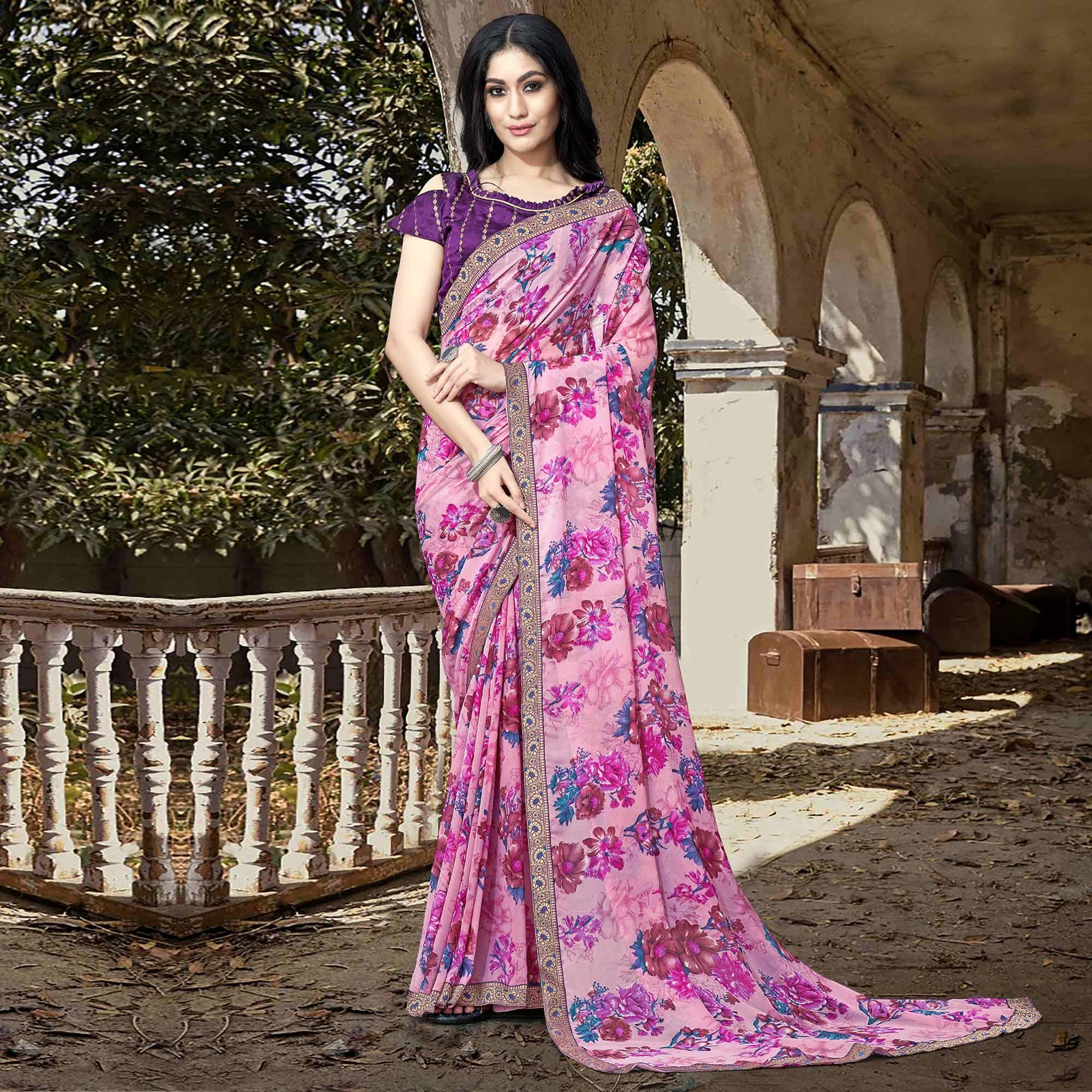 Purple Casual Wear Floral Printed Georgette Saree With Lace Border - Peachmode