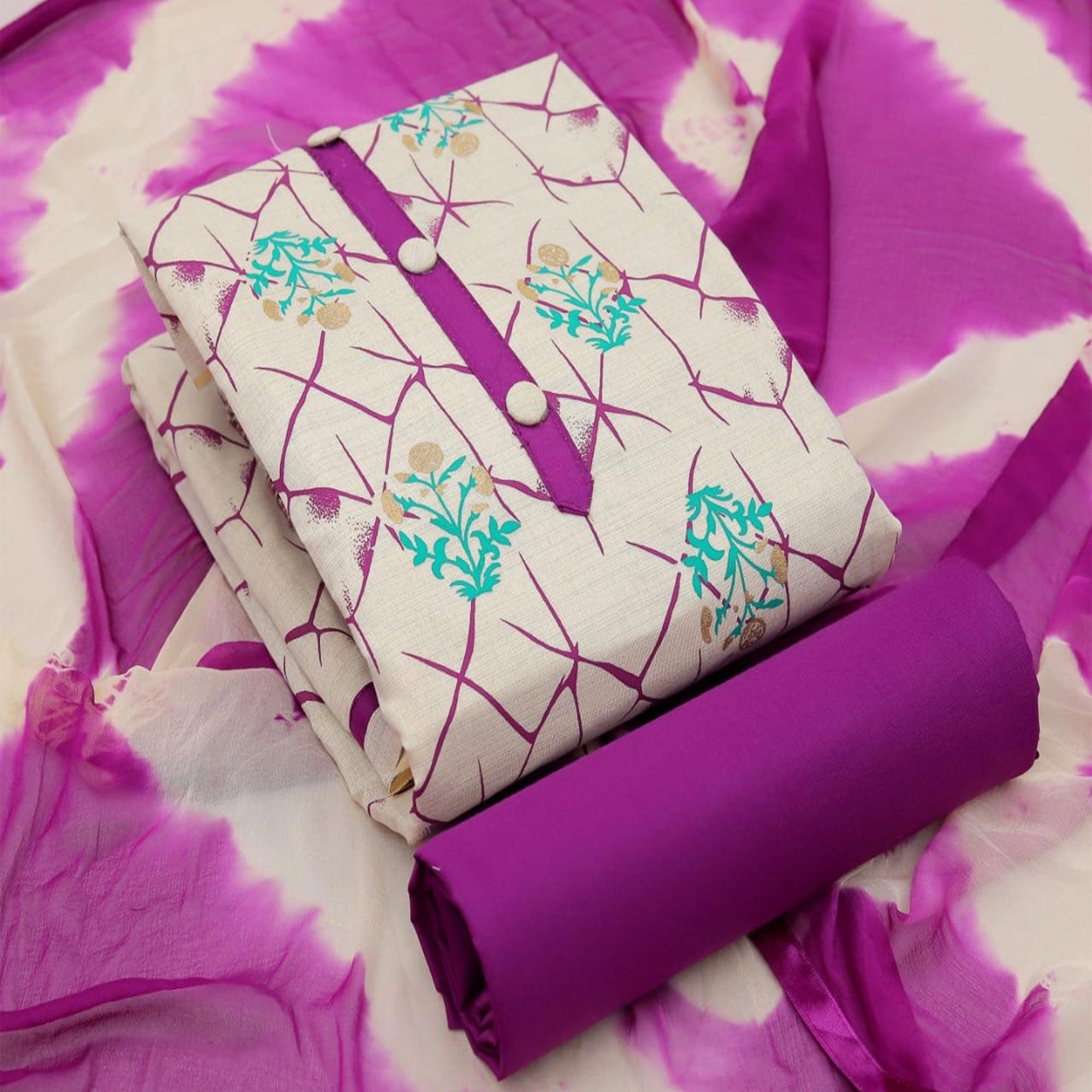 Purple Casual Wear Foil Printed Jute Dress Material - Peachmode