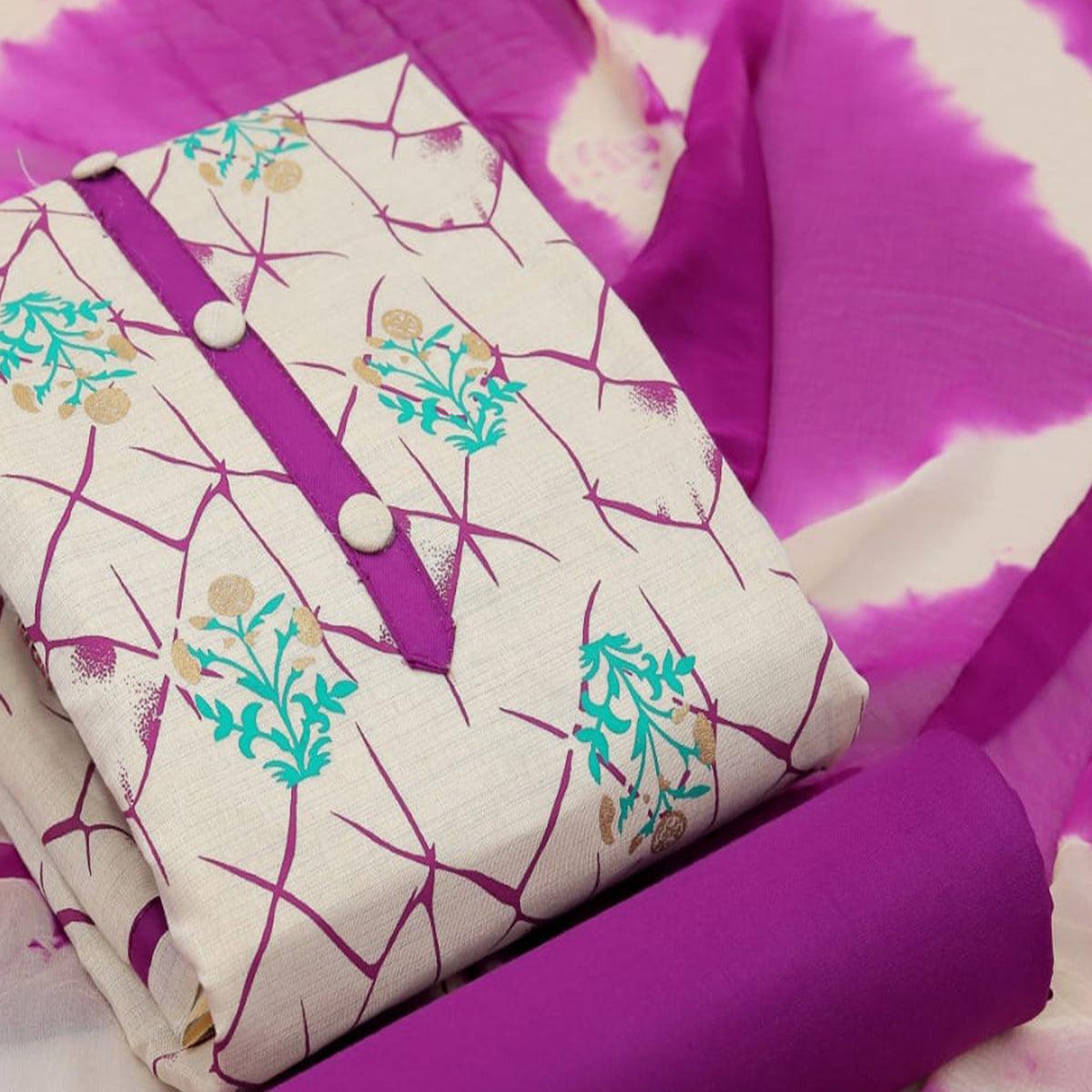 Purple Casual Wear Foil Printed Jute Dress Material - Peachmode