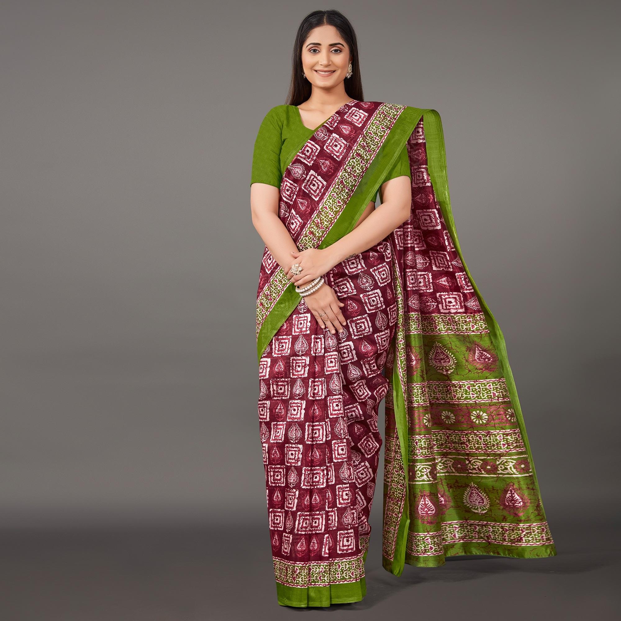 Purple Casual Wear Geometric Printed Art Silk Saree - Peachmode
