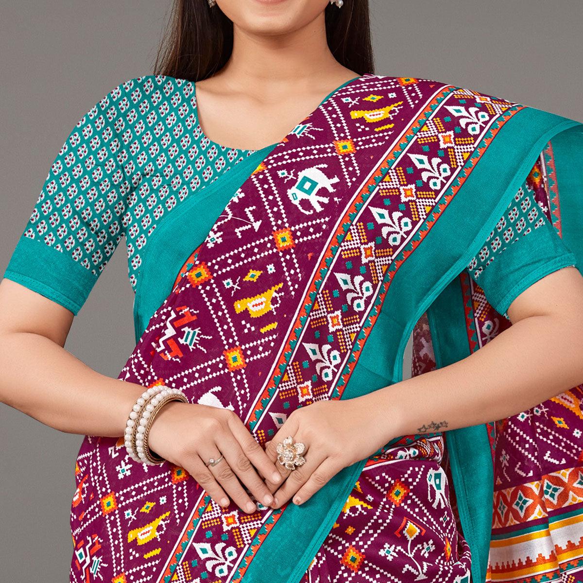 Purple Casual Wear Geometric Printed Art Silk Saree - Peachmode