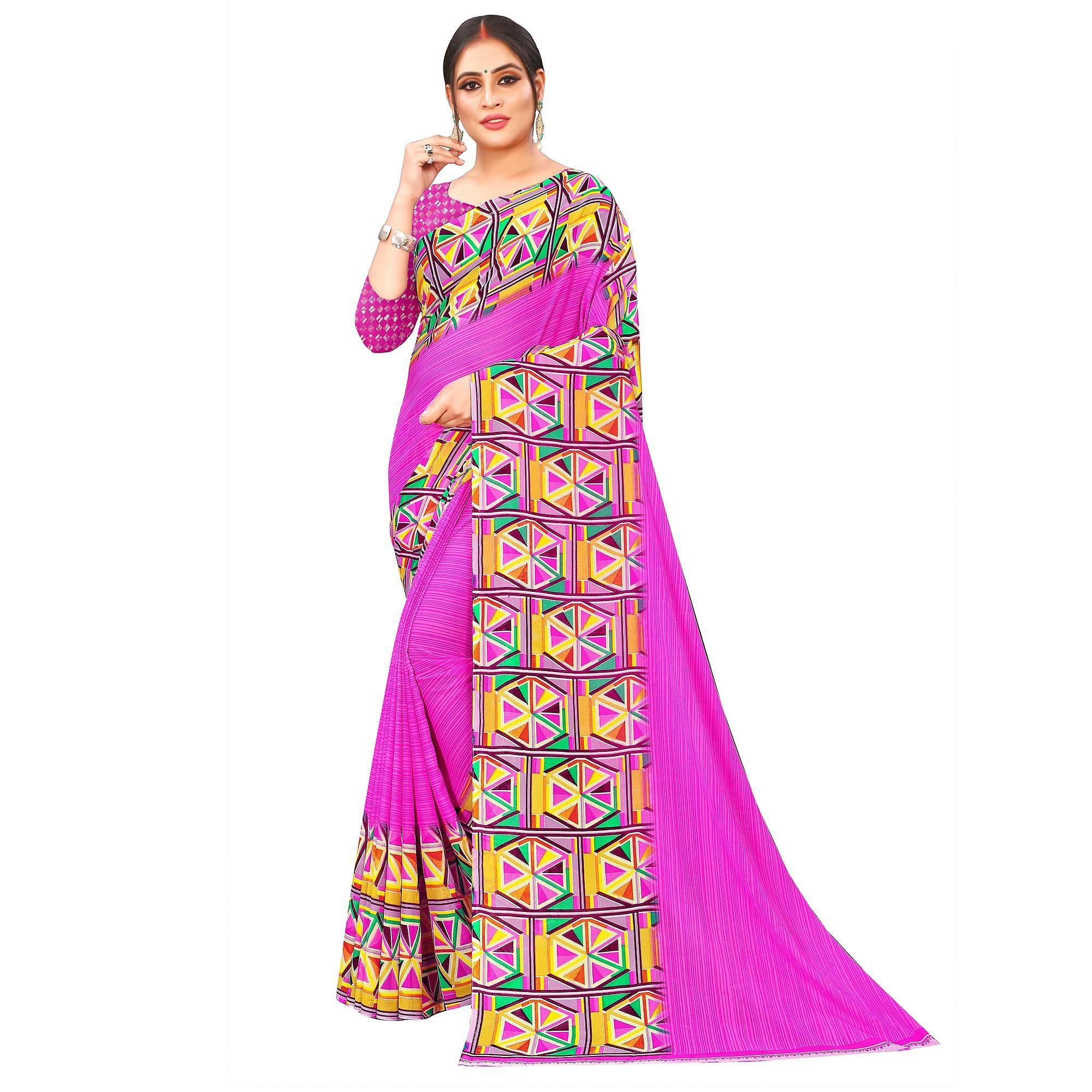 Purple Casual Wear Geometric Printed Georgette Saree - Peachmode