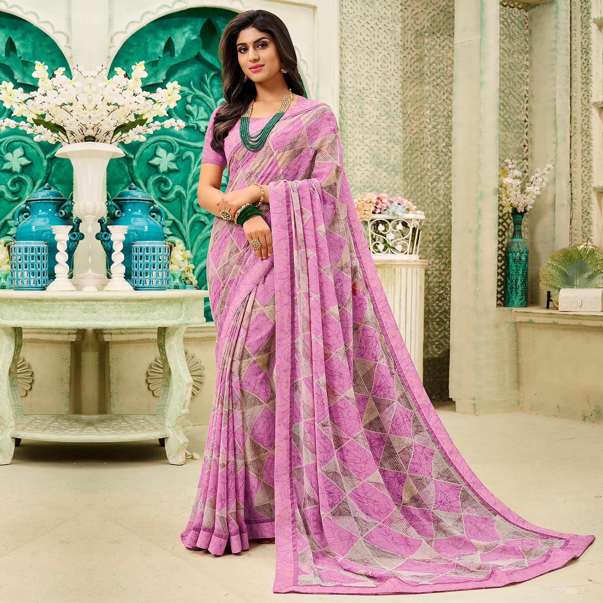 Purple Casual Wear Geometric Printed Georgette Saree - Peachmode