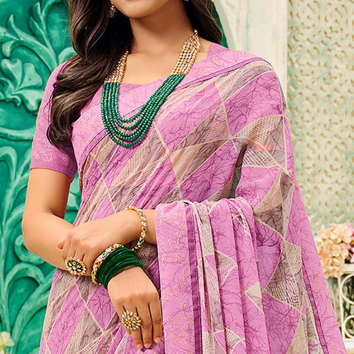 Purple Casual Wear Geometric Printed Georgette Saree - Peachmode