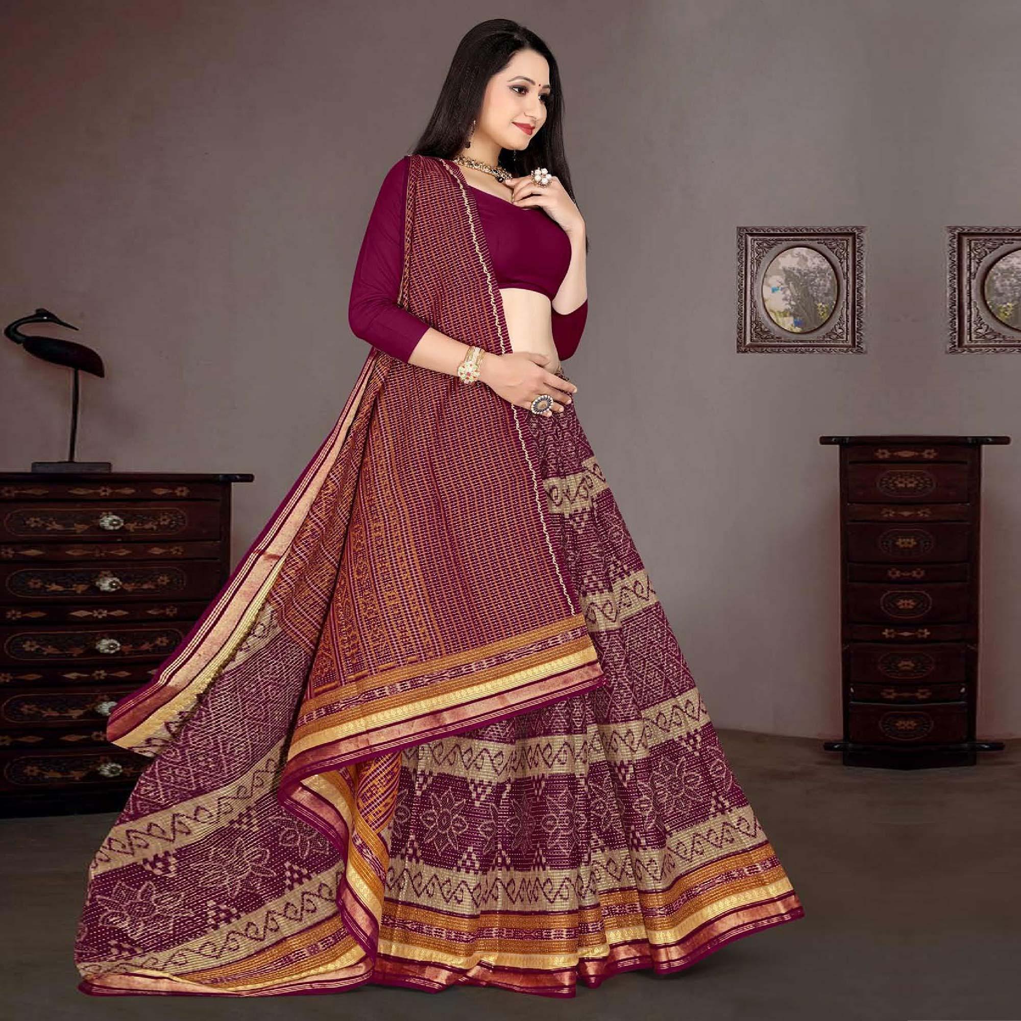 Purple Casual Wear Ikkat Printed Cotton Silk Saree - Peachmode