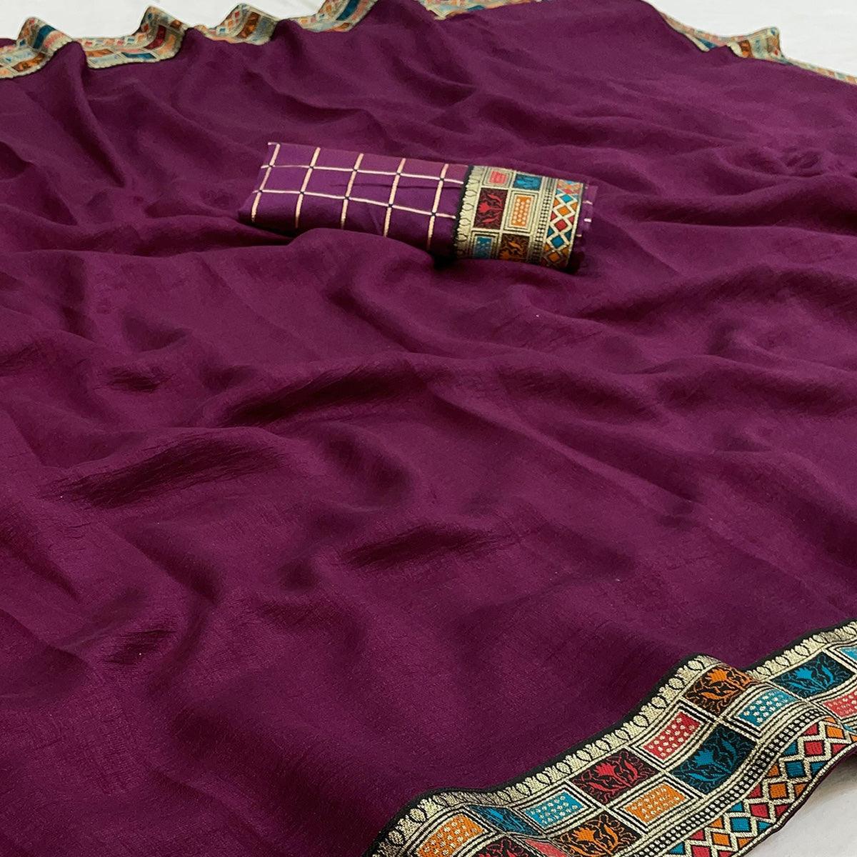Purple Casual Wear Jacquard Lace Border Silk Saree With Tassels - Peachmode