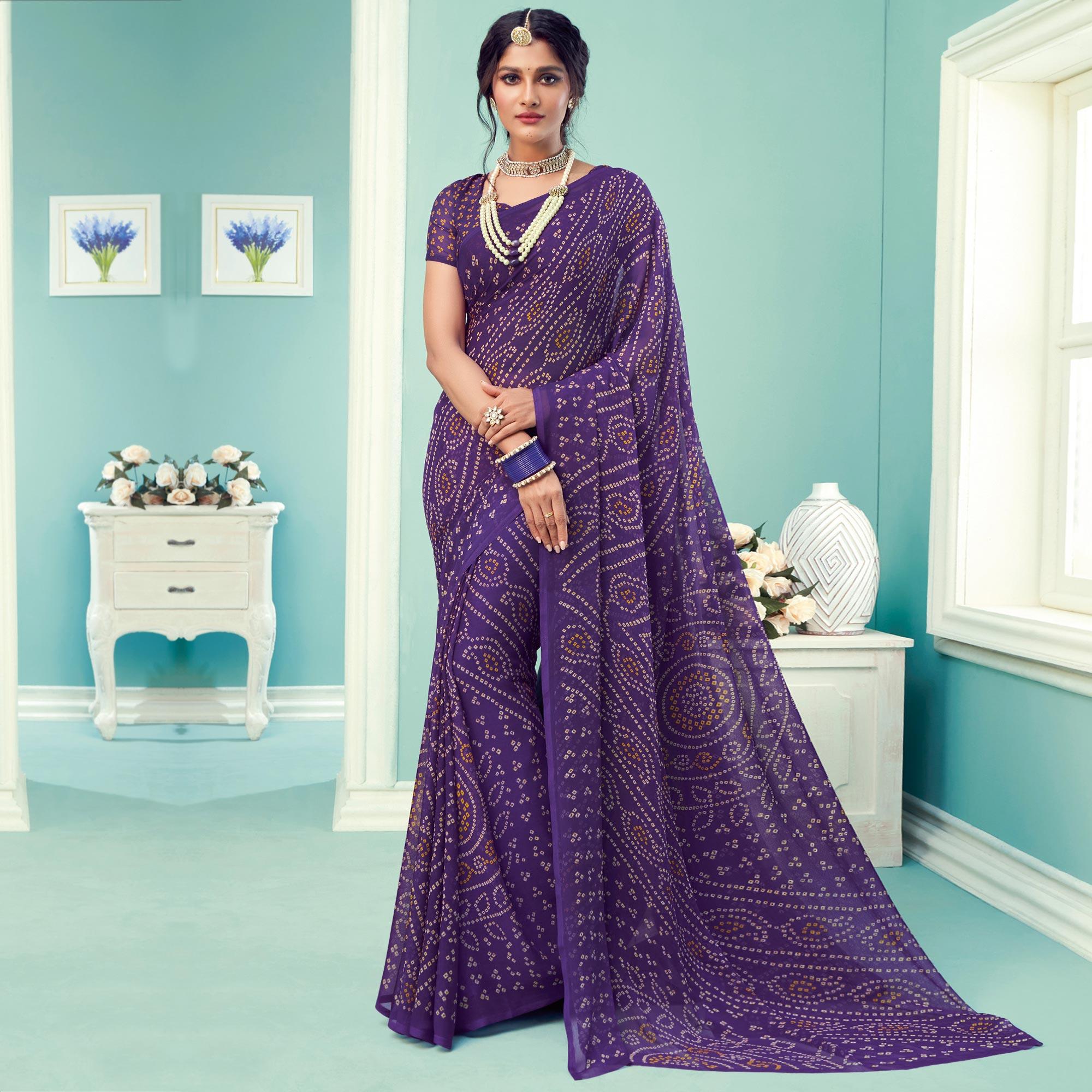 Purple Casual Wear Printed Chiffon Bandhani Saree - Peachmode