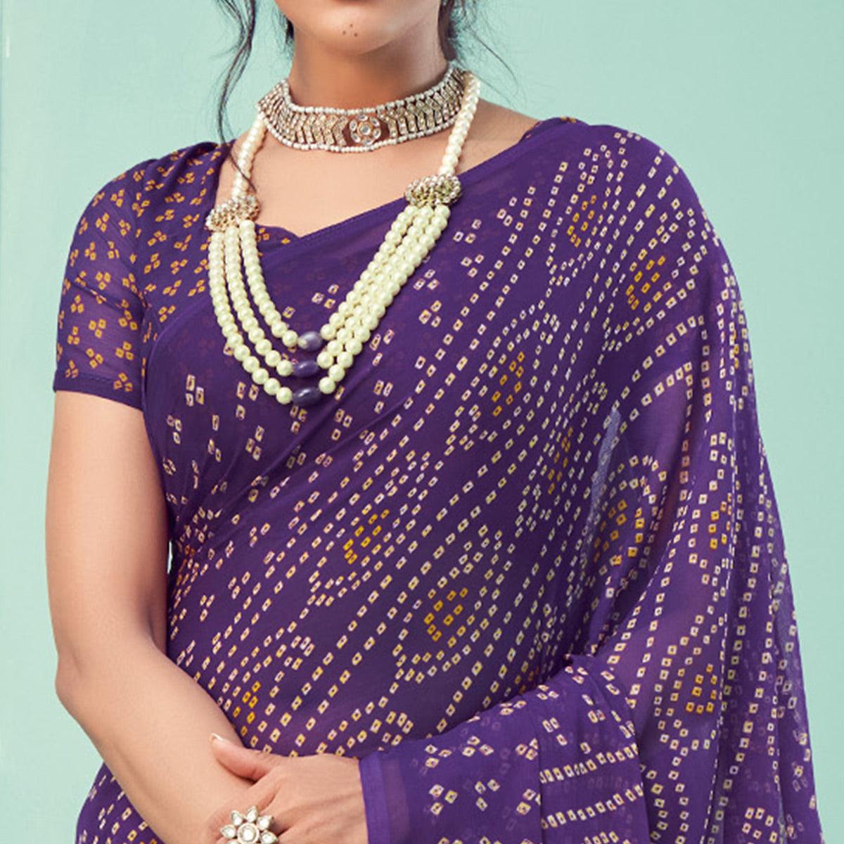 Purple Casual Wear Printed Chiffon Bandhani Saree - Peachmode