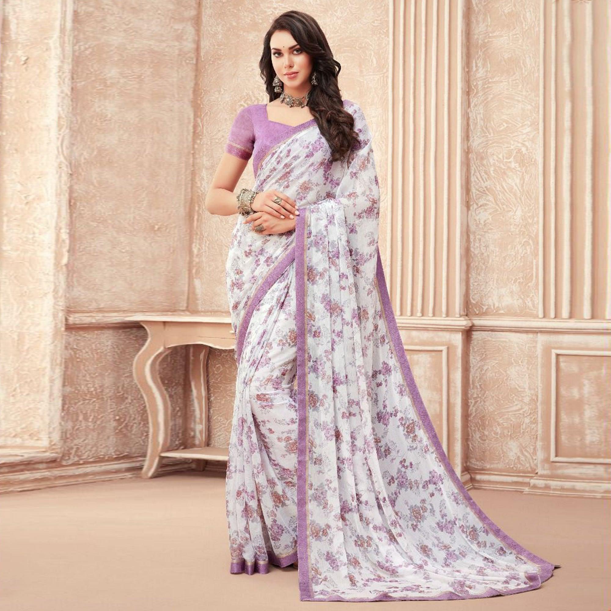 Purple Casual Wear Printed Chiffon Saree - Peachmode