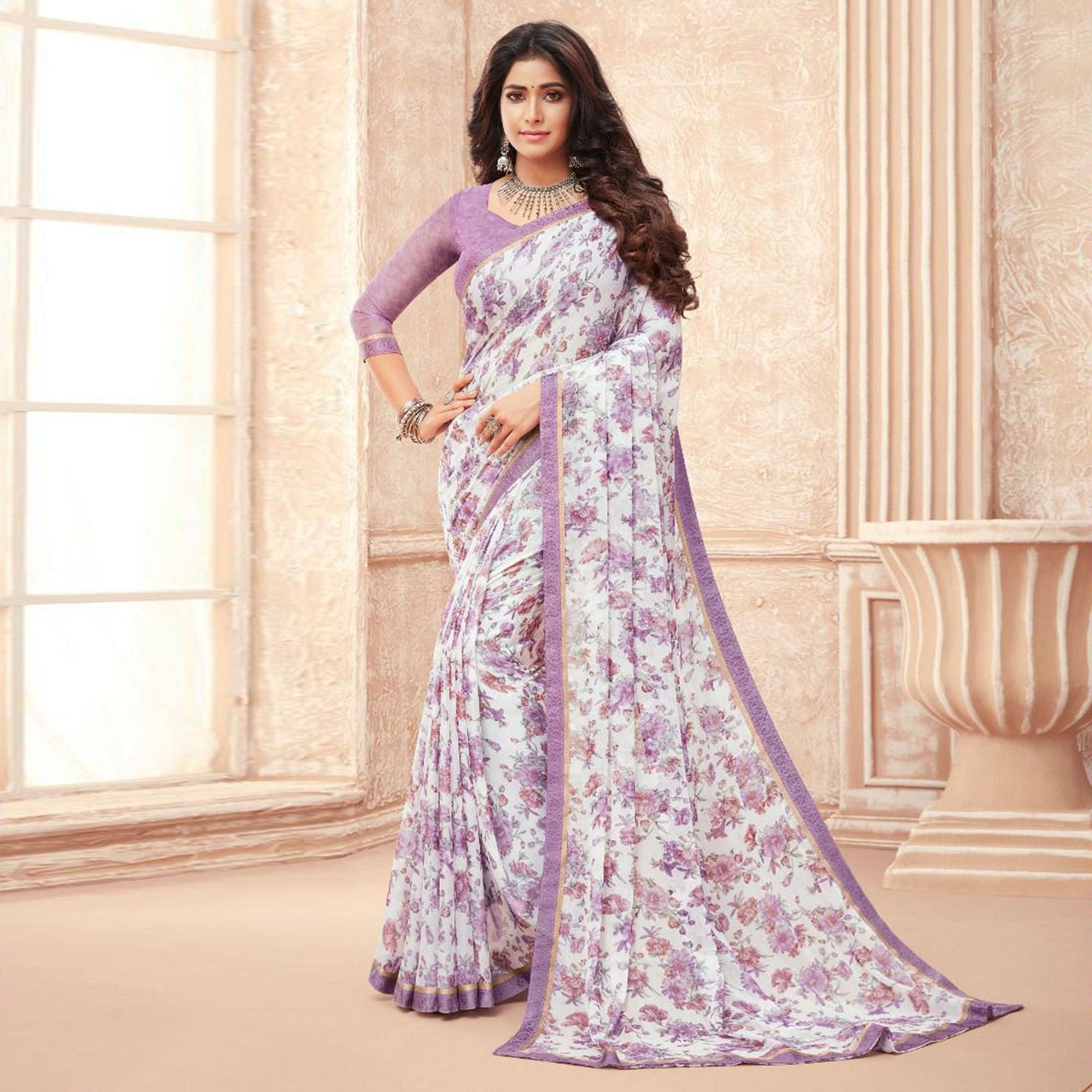 Purple Casual Wear Printed Chiffon Saree - Peachmode