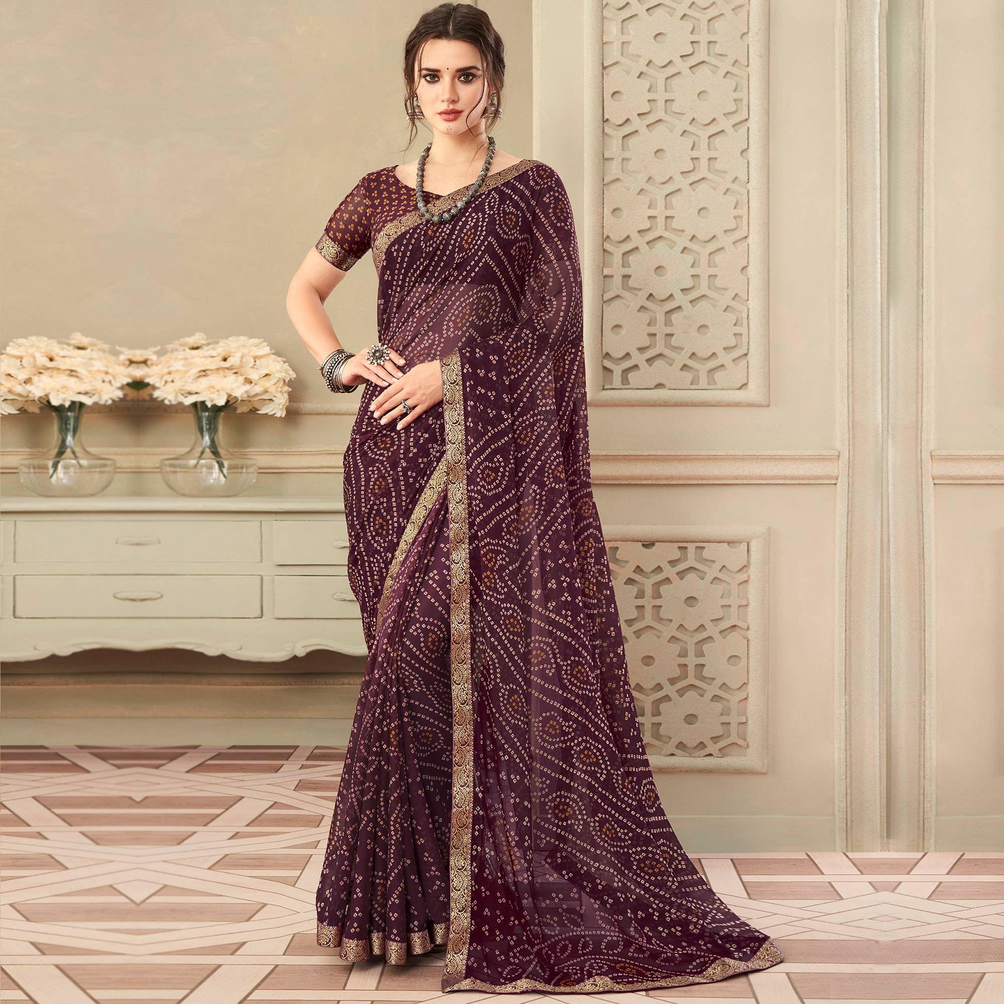 Purple Casual Wear Printed Chiffon Saree with Banarasi Border - Peachmode