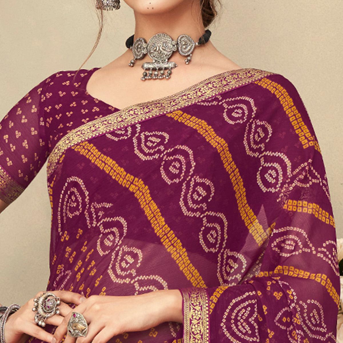 Purple Casual Wear Printed Chiffon Saree with Banarasi Border - Peachmode
