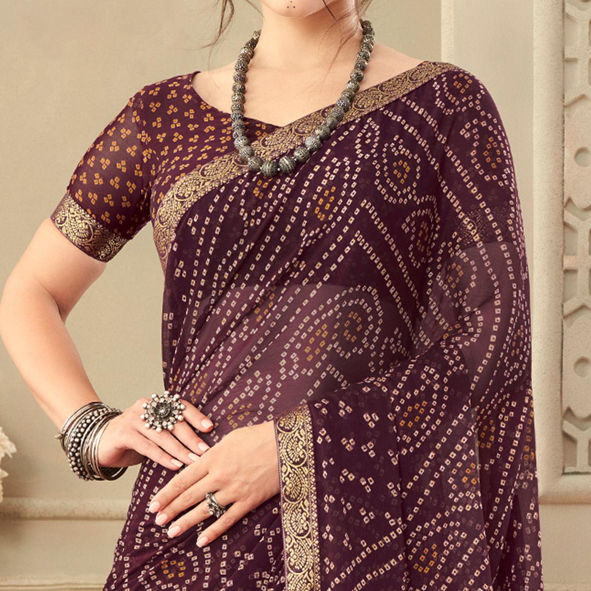 Purple Casual Wear Printed Chiffon Saree with Banarasi Border - Peachmode