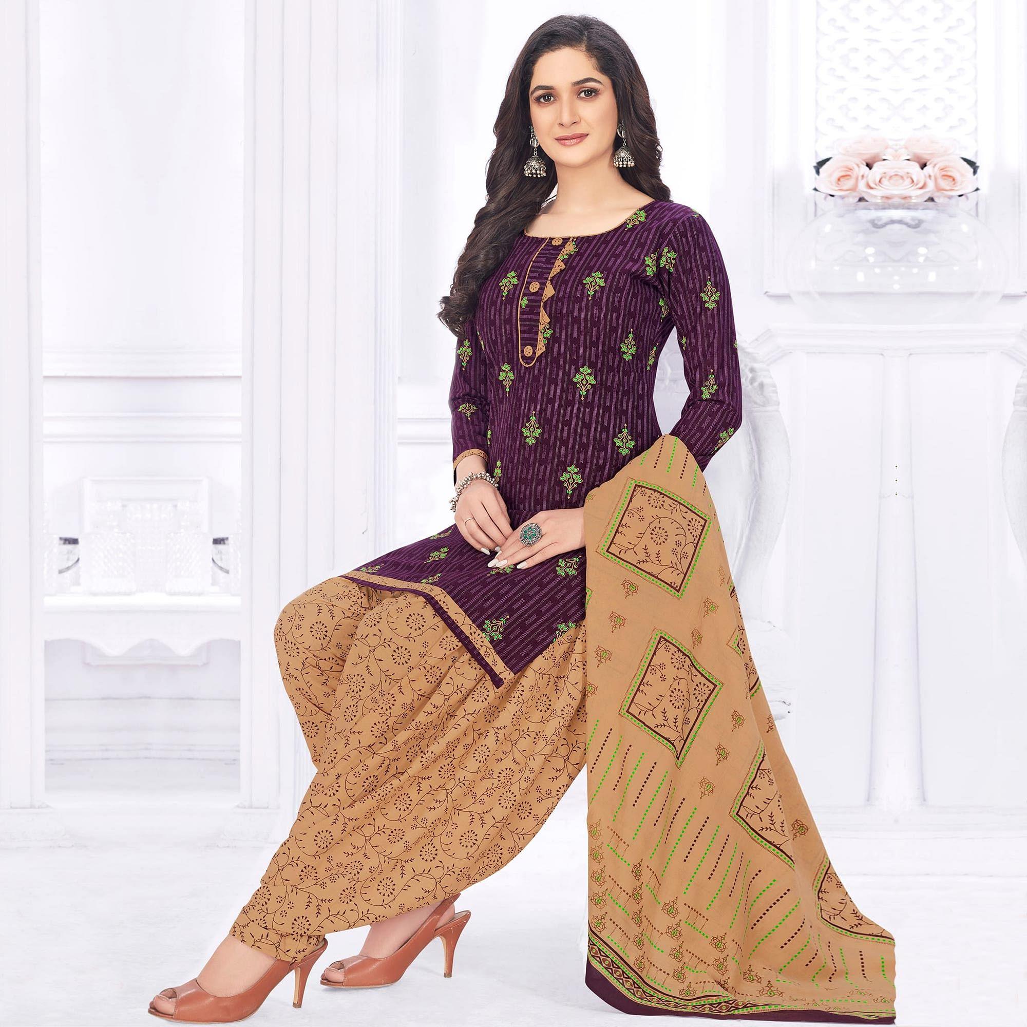 Purple Casual Wear Printed Cotton Dress Material - Peachmode