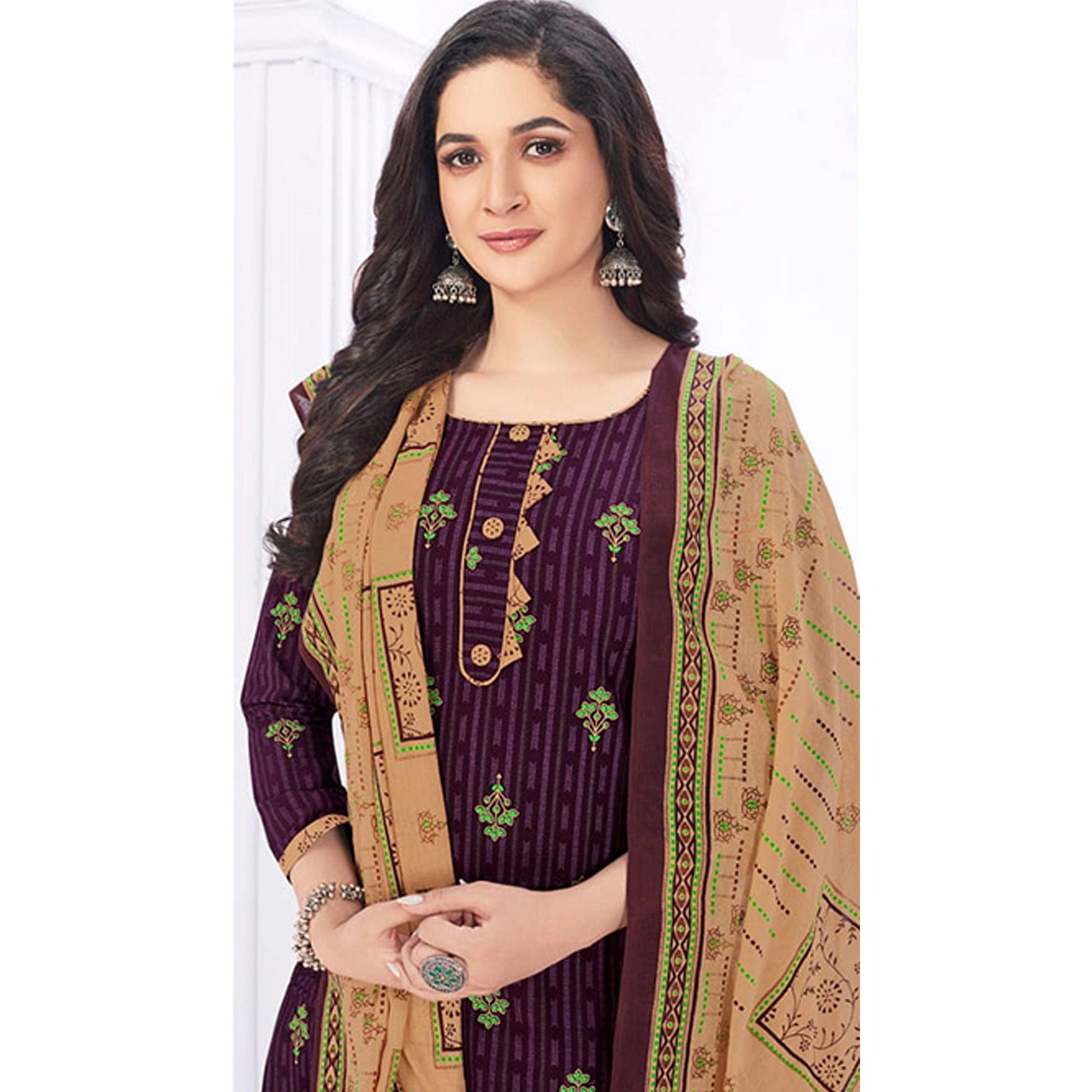 Purple Casual Wear Printed Cotton Dress Material - Peachmode