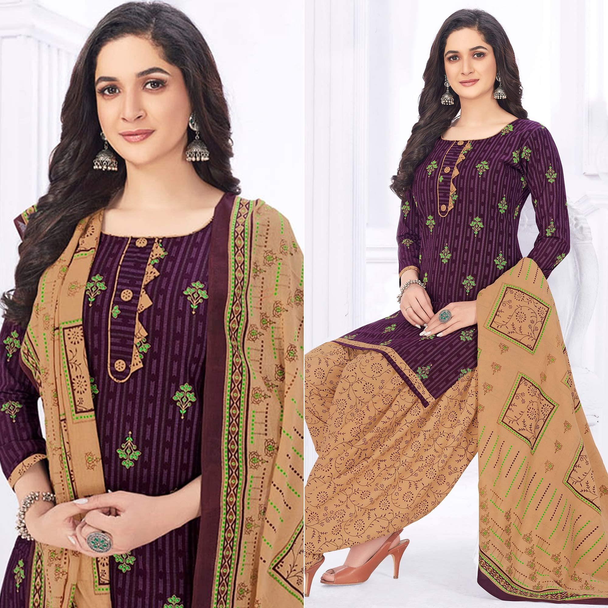 Purple Casual Wear Printed Cotton Dress Material - Peachmode