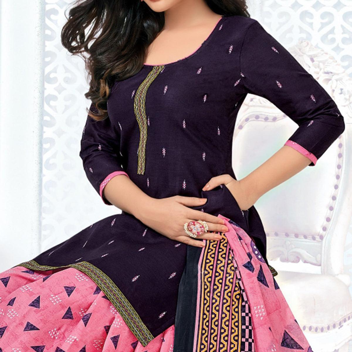 Purple Casual Wear Printed Cotton Patiala Dress Material - Peachmode