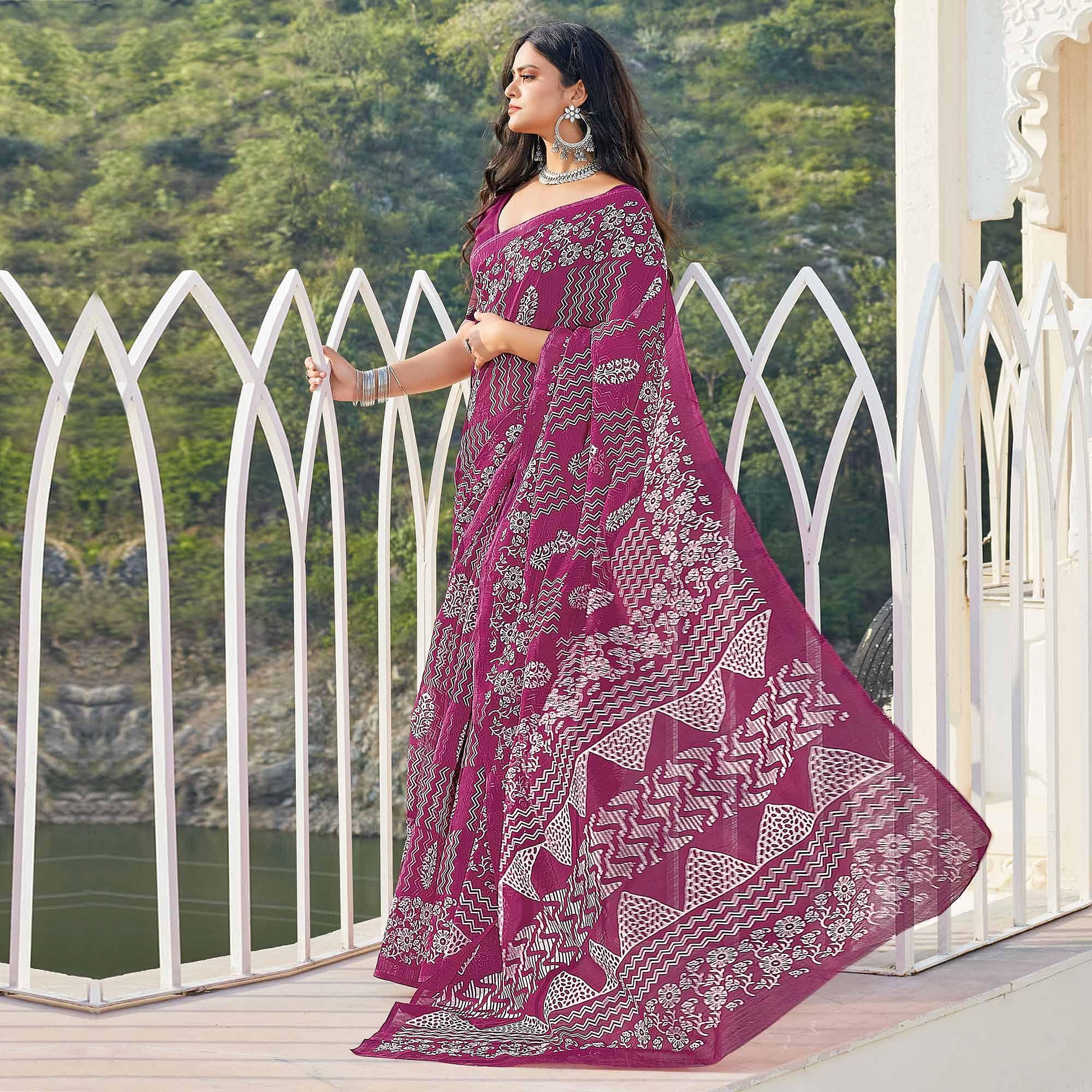 Purple Casual Wear Printed Cotton Saree - Peachmode
