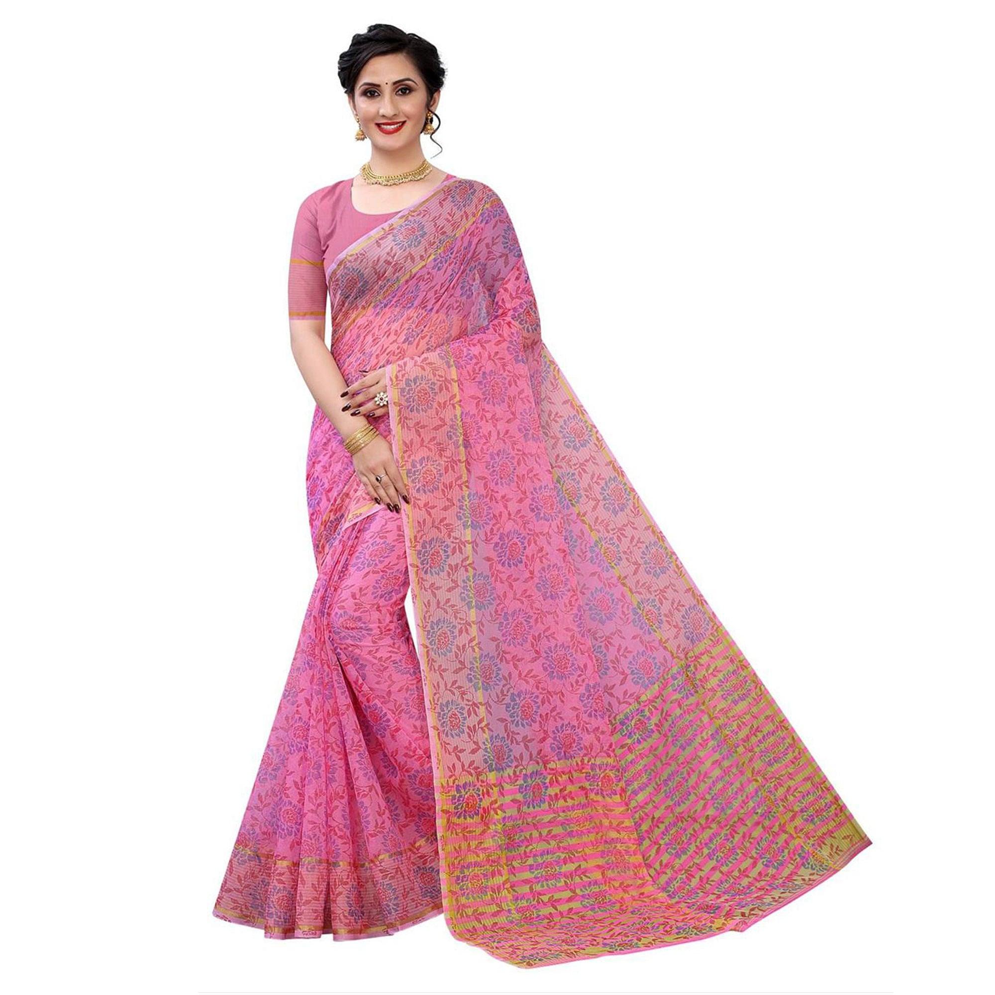 Purple Casual Wear Printed Cotton Saree - Peachmode