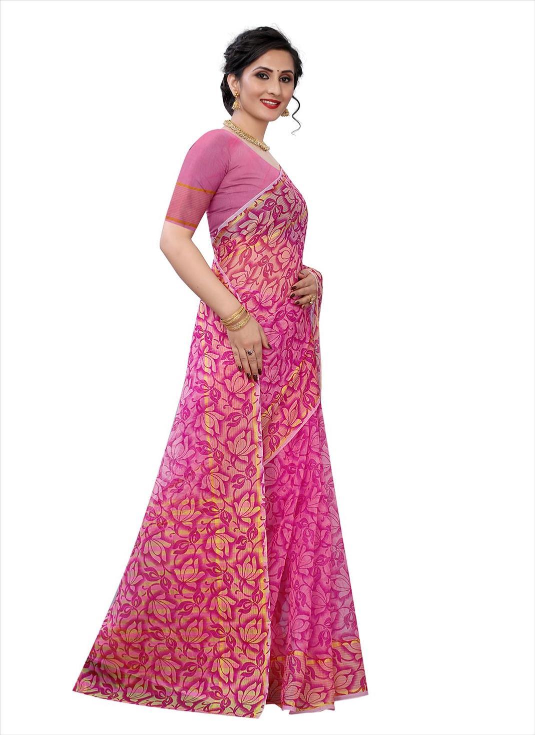 Purple Casual Wear Printed Cotton Saree - Peachmode