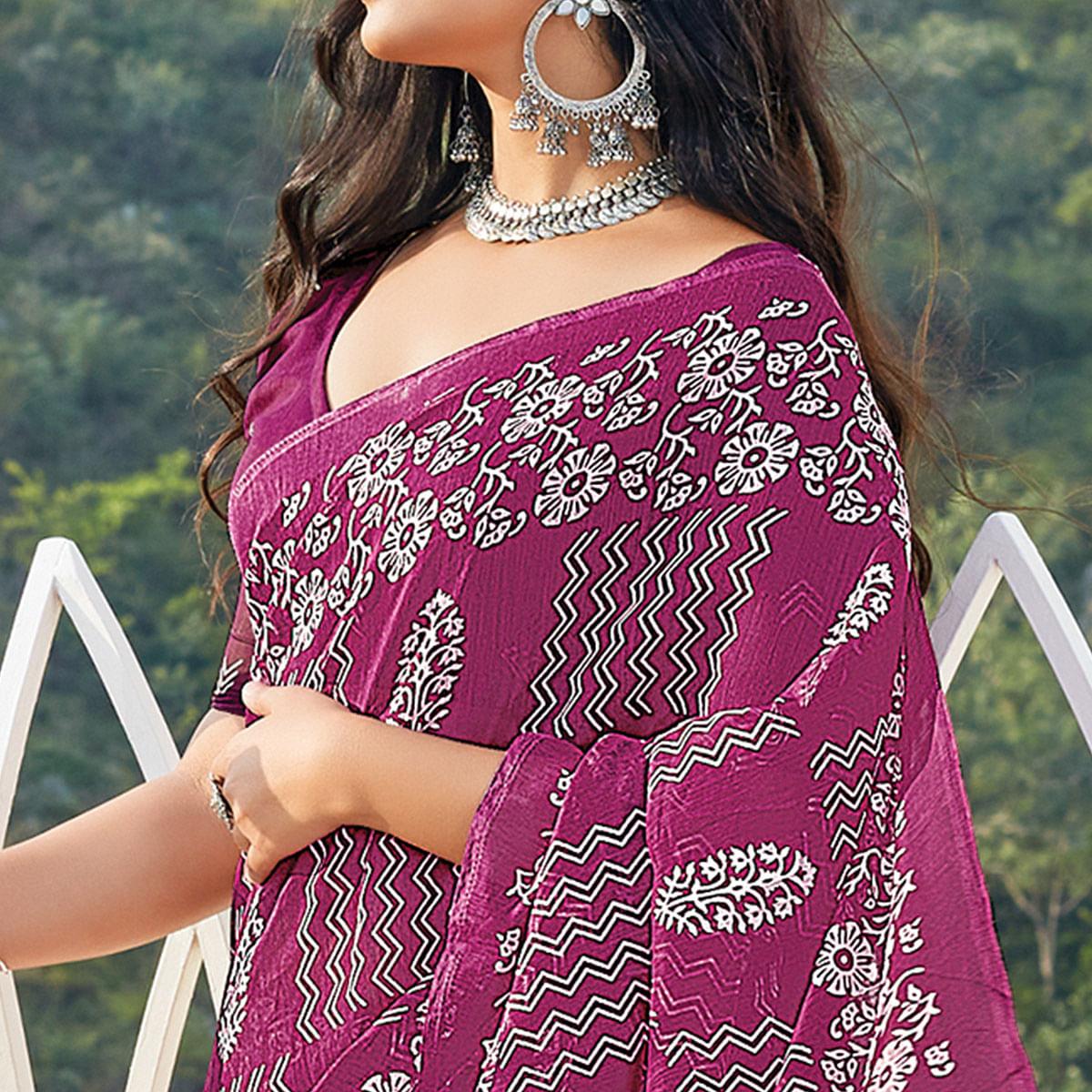 Purple Casual Wear Printed Cotton Saree - Peachmode