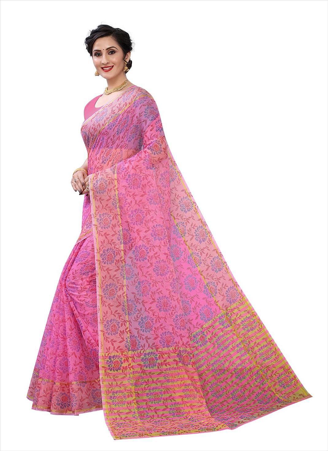 Purple Casual Wear Printed Cotton Saree - Peachmode
