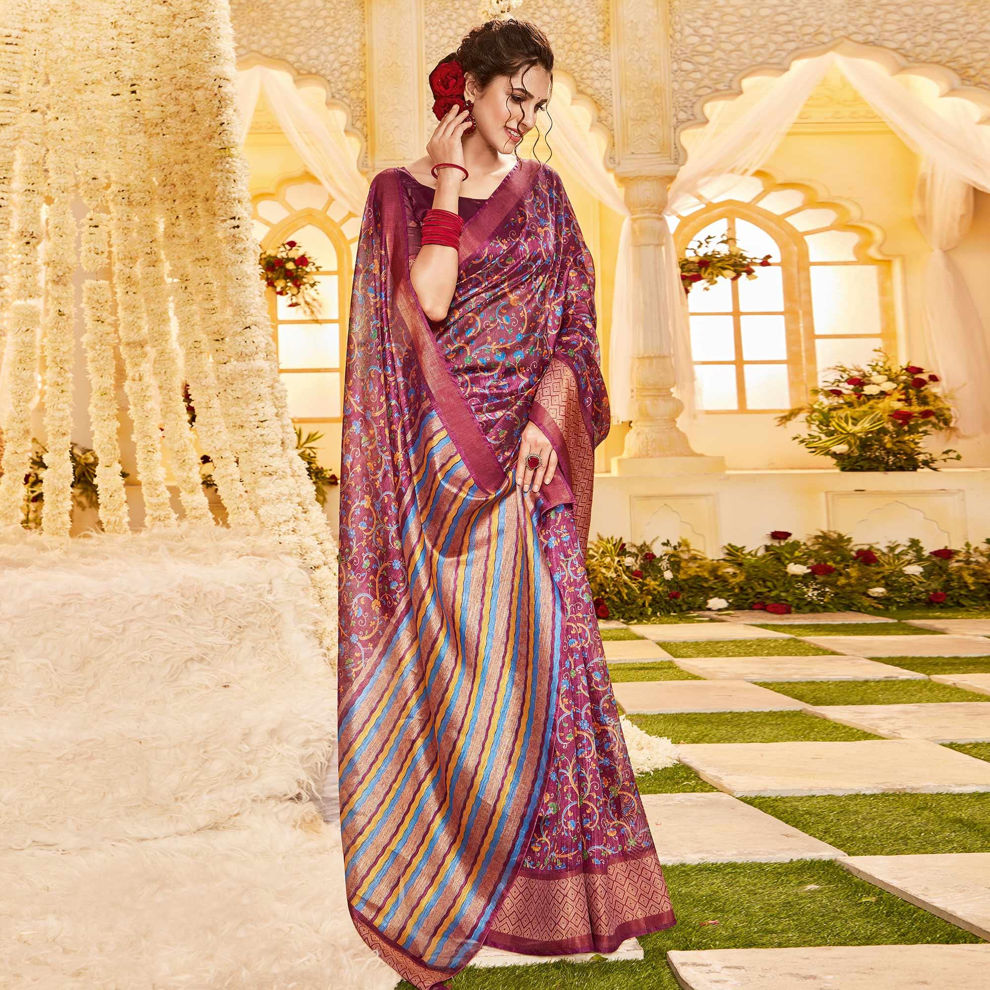 Purple Casual Wear Printed Crystal Silk Saree - Peachmode