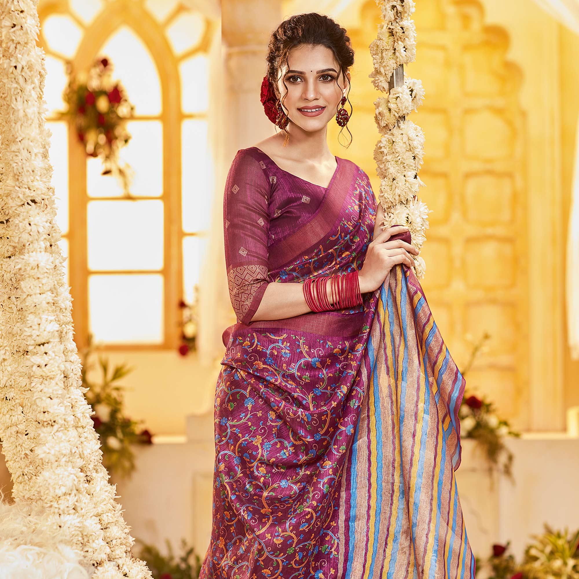 Purple Casual Wear Printed Crystal Silk Saree - Peachmode