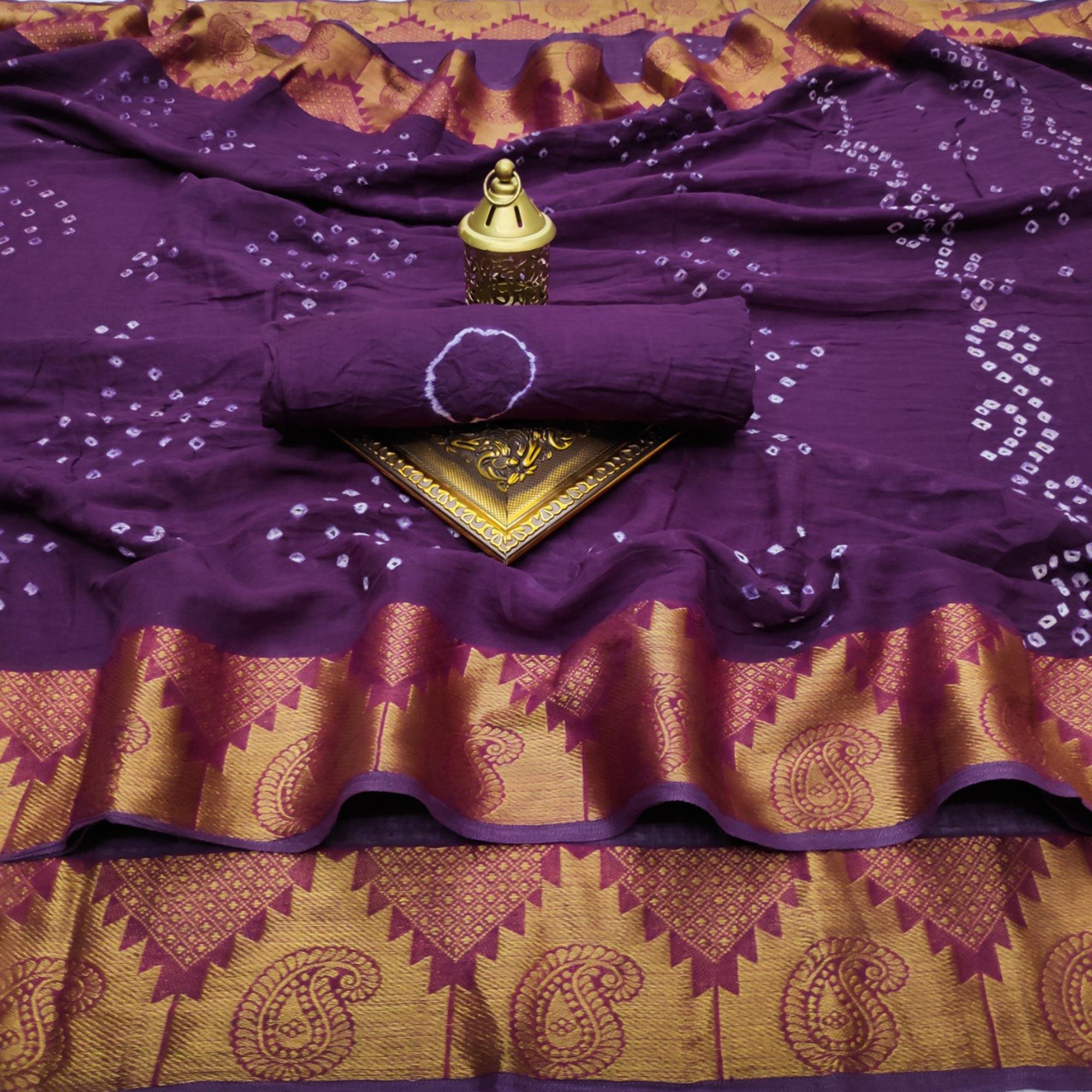 Purple Casual Wear Printed Hand Bandhej Zari Border Pure Cotton Saree - Peachmode
