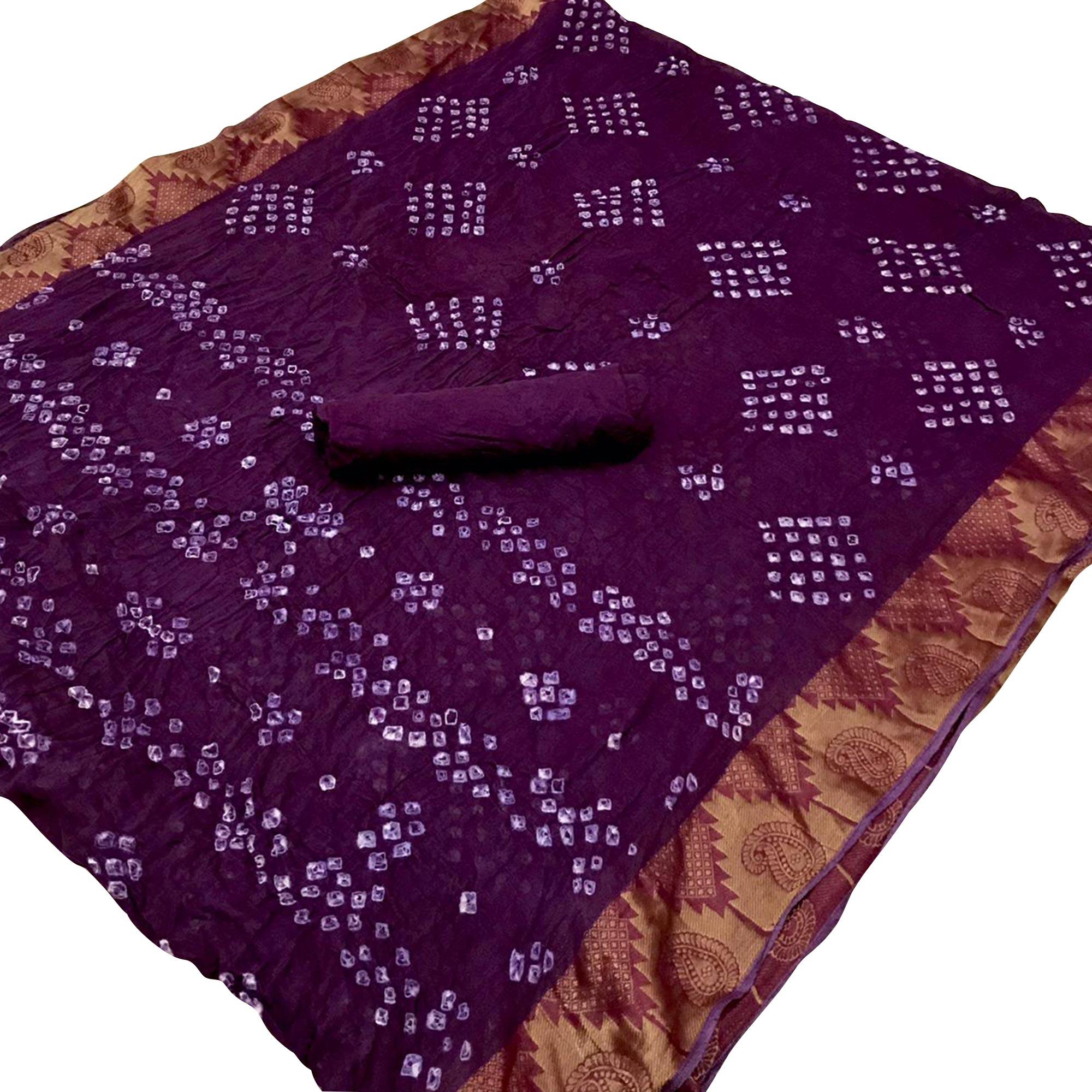 Purple Casual Wear Printed Hand Bandhej Zari Border Pure Cotton Saree - Peachmode