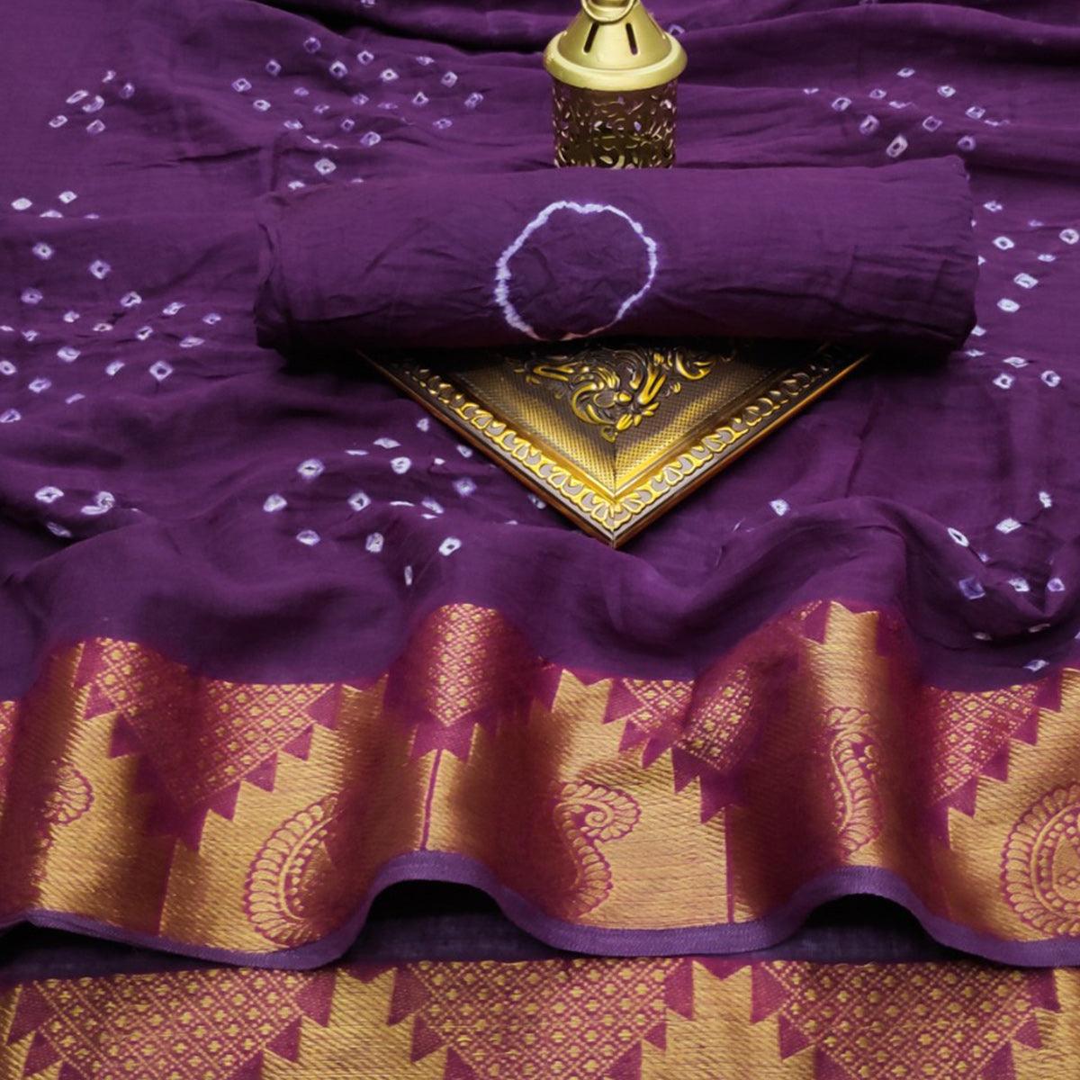 Purple Casual Wear Printed Hand Bandhej Zari Border Pure Cotton Saree - Peachmode