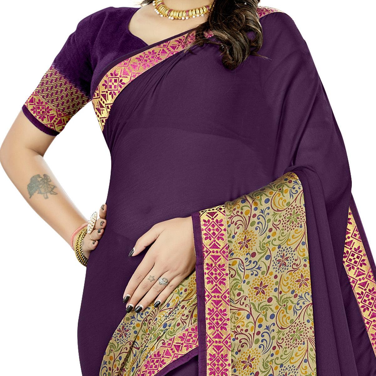 Purple Casual Wear Printed Rangoli Silk Saree - Peachmode