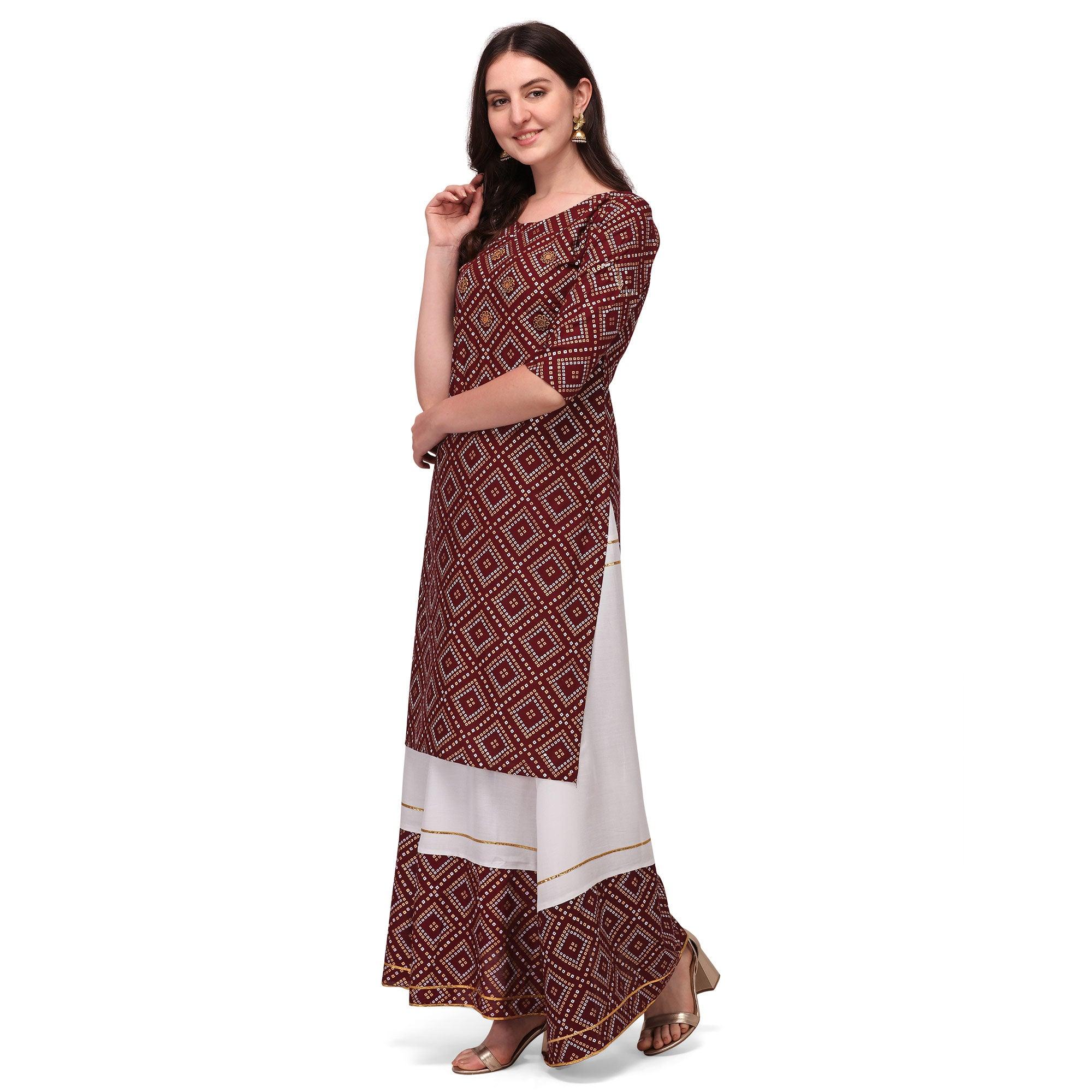 Purple Casual Wear Printed Rayon Kurti - Skirt Set - Peachmode
