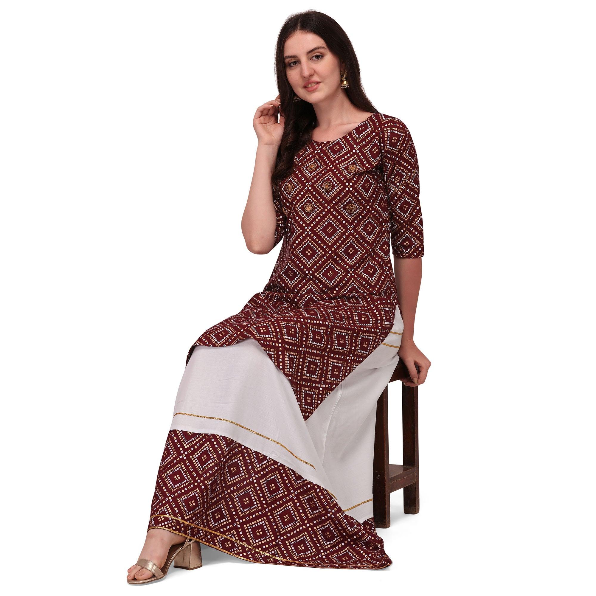 Purple Casual Wear Printed Rayon Kurti - Skirt Set - Peachmode