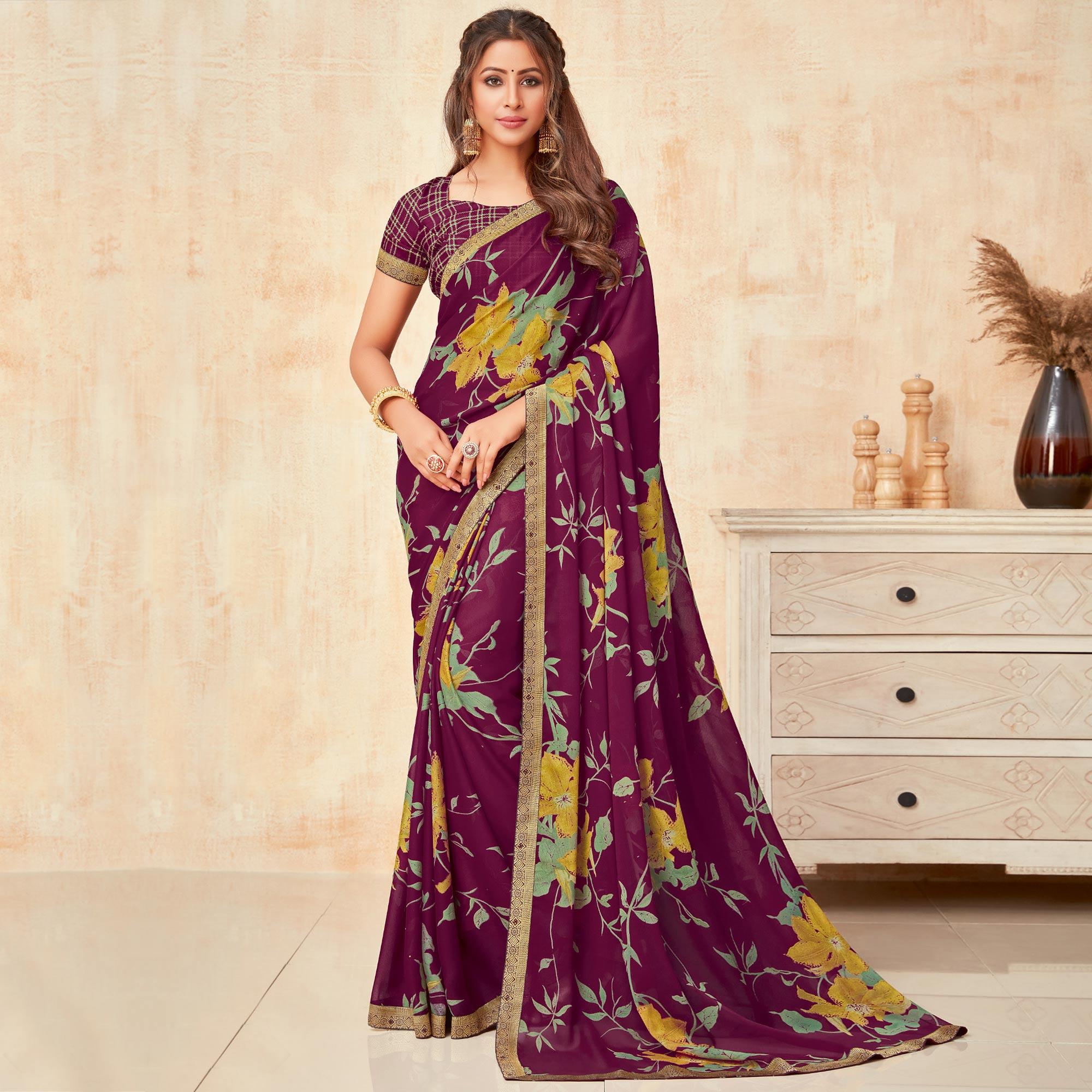 Purple Casual Wear Printed Silk Georgette Saree - Peachmode