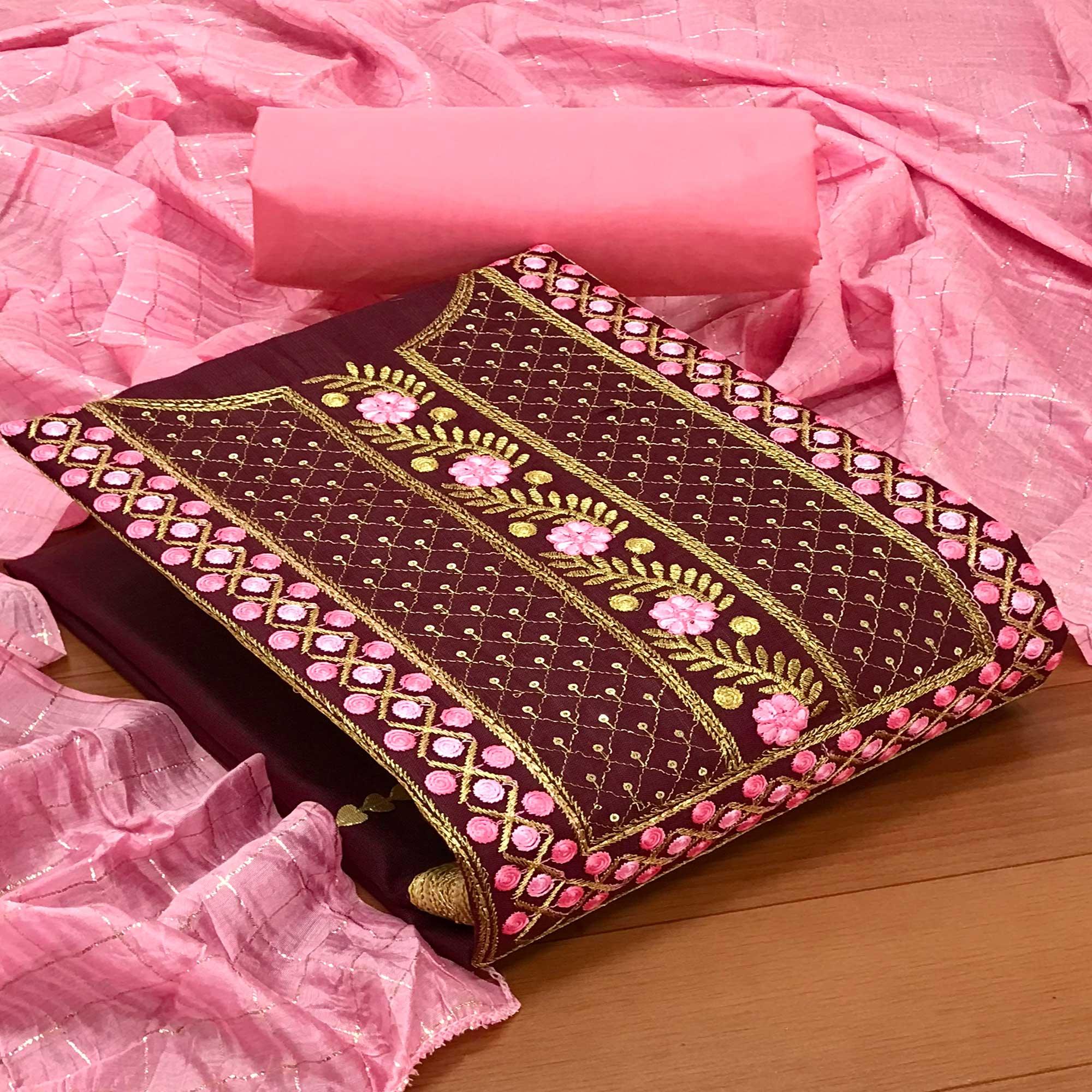 Purple Casual Wear Sequence Embroidered Cotton Dress Material - Peachmode