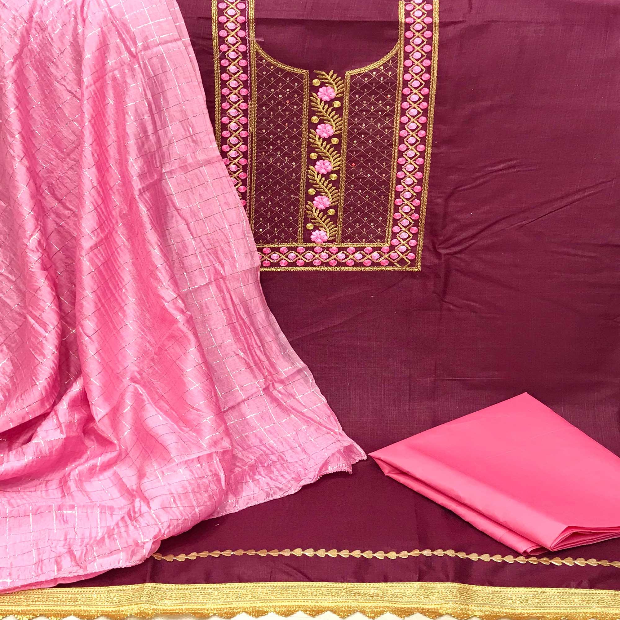 Purple Casual Wear Sequence Embroidered Cotton Dress Material - Peachmode