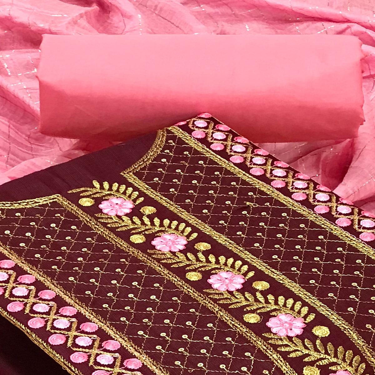Purple Casual Wear Sequence Embroidered Cotton Dress Material - Peachmode