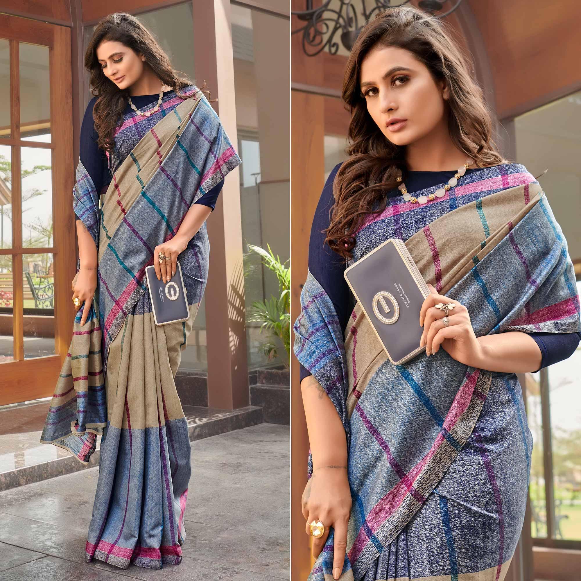 Purple Casual Wear Striped Printed Bhagalpuri Sarees - Peachmode