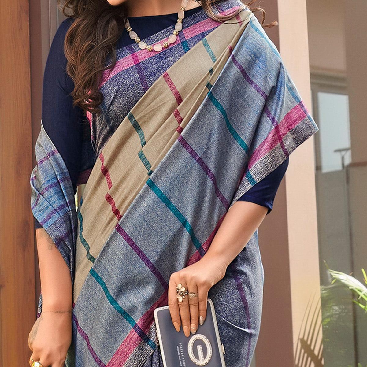 Purple Casual Wear Striped Printed Bhagalpuri Sarees - Peachmode