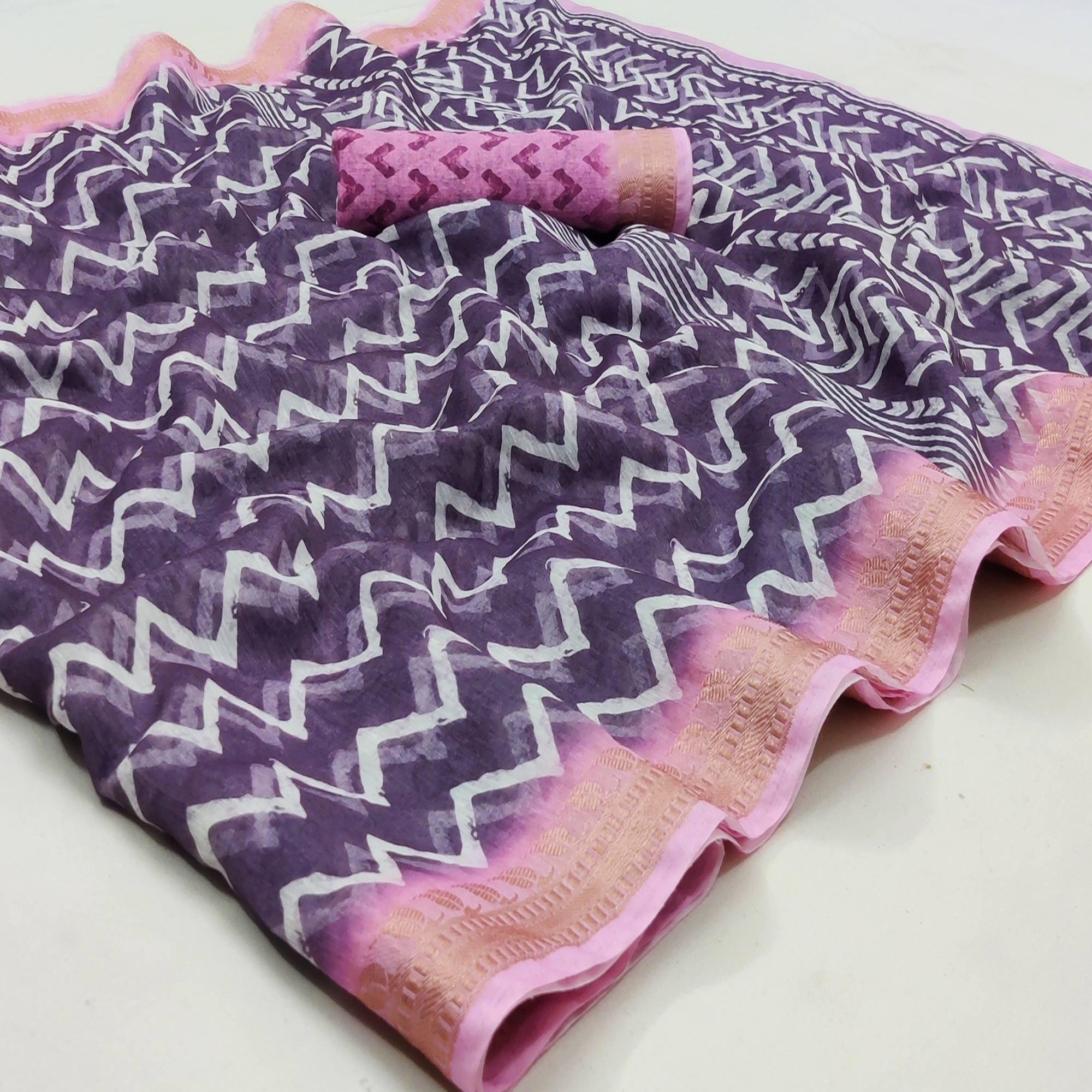 Purple Casual Wear Zigzag Digital Printed Linen Saree - Peachmode