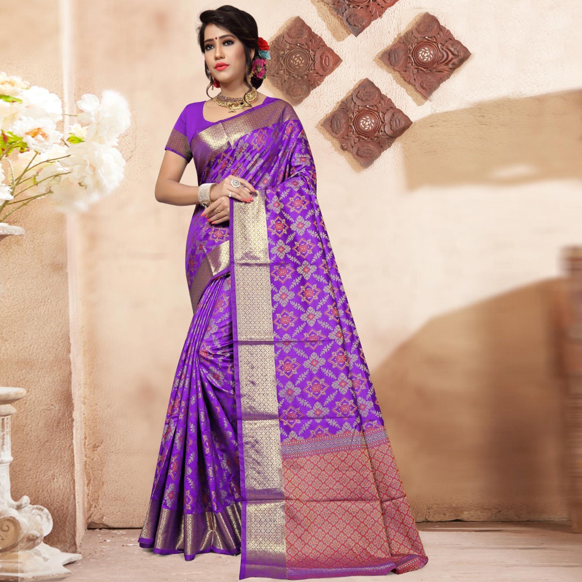 Purple Colored Festive Wear Woven Banarasi Silk Saree - Peachmode