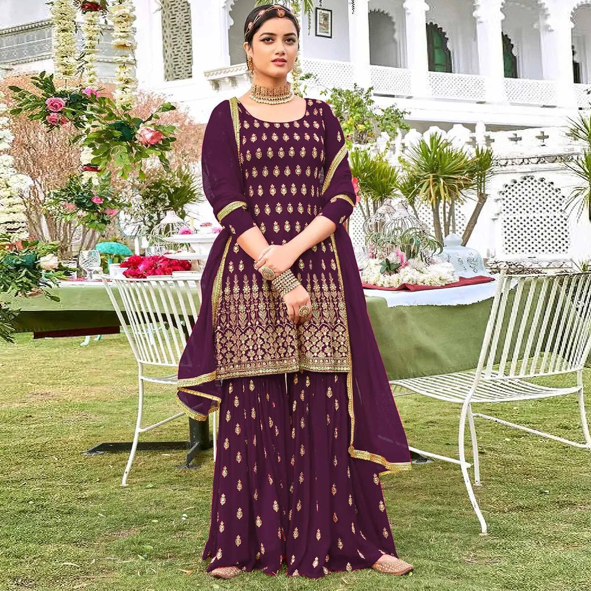 Purple Designer Floral Embroidered Heavy Georgette Partywear Suit - Peachmode
