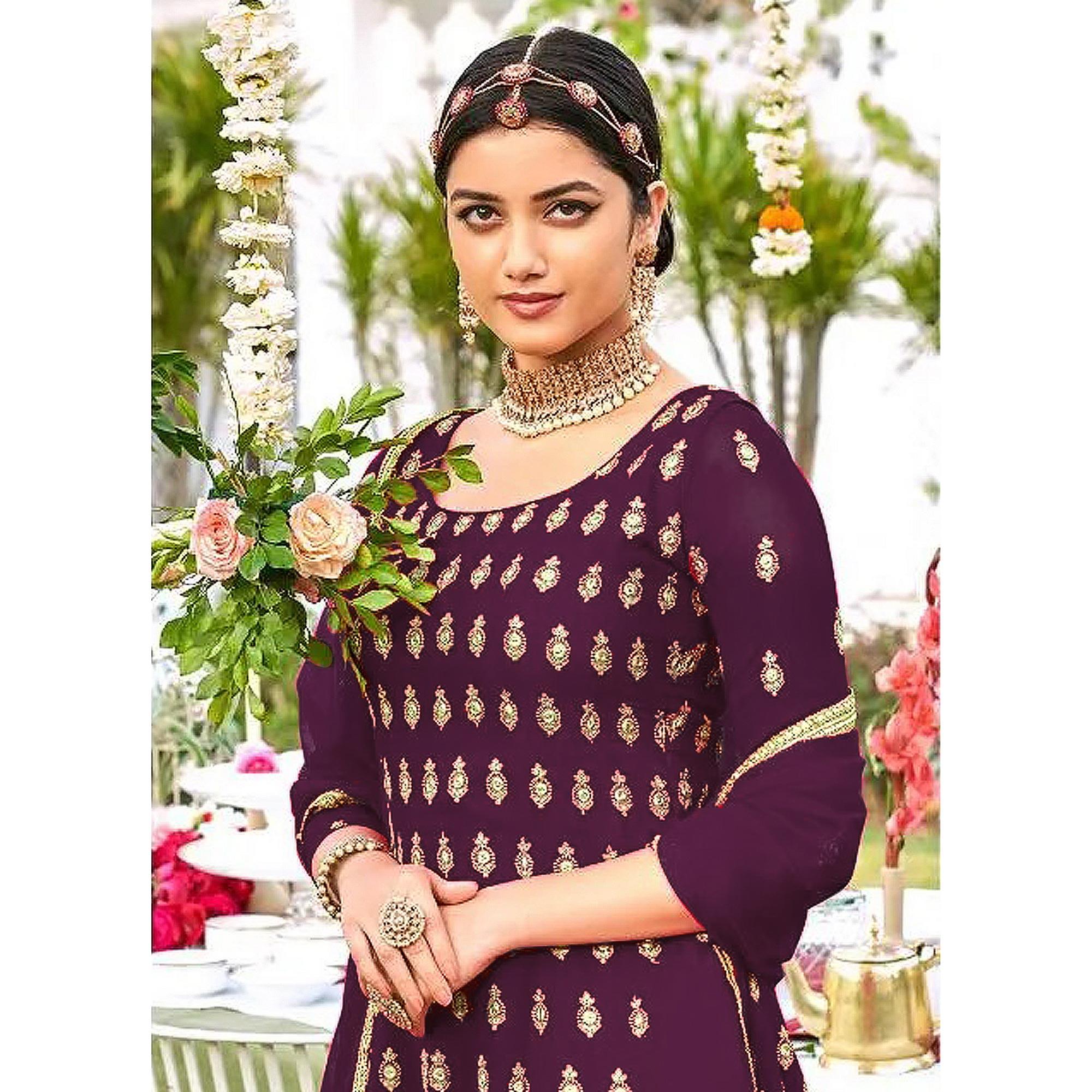 Purple Designer Floral Embroidered Heavy Georgette Partywear Suit - Peachmode