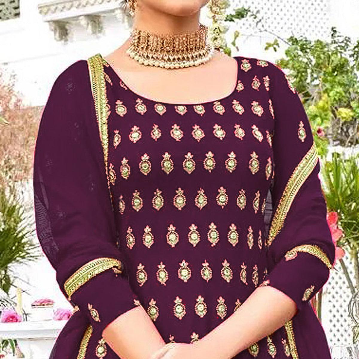Purple Designer Floral Embroidered Heavy Georgette Partywear Suit - Peachmode