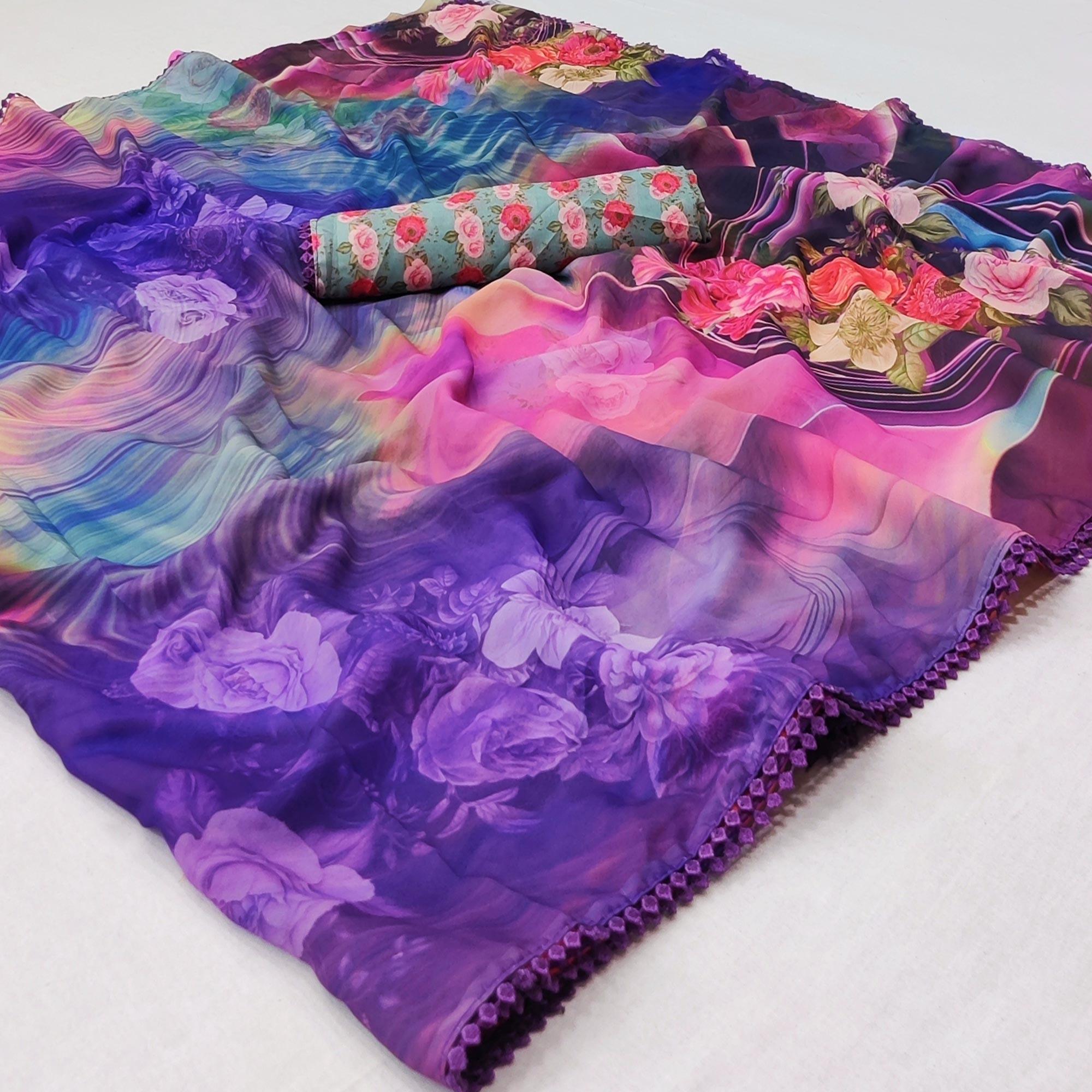 Purple Digital Printed Georgette Saree - Peachmode