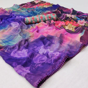 Purple Digital Printed Georgette Saree - Peachmode