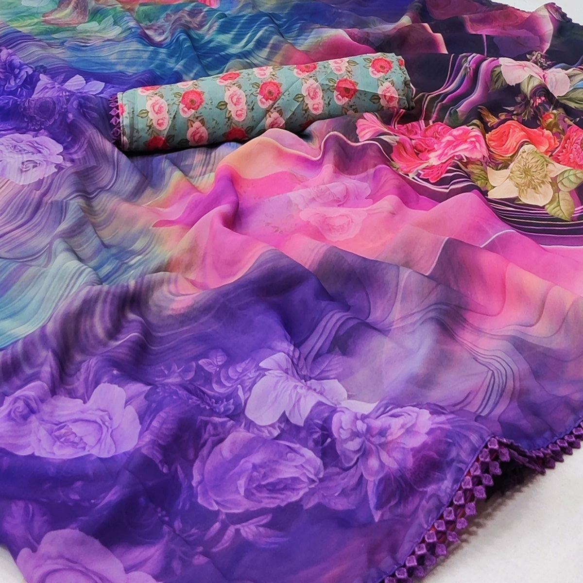 Purple Digital Printed Georgette Saree - Peachmode