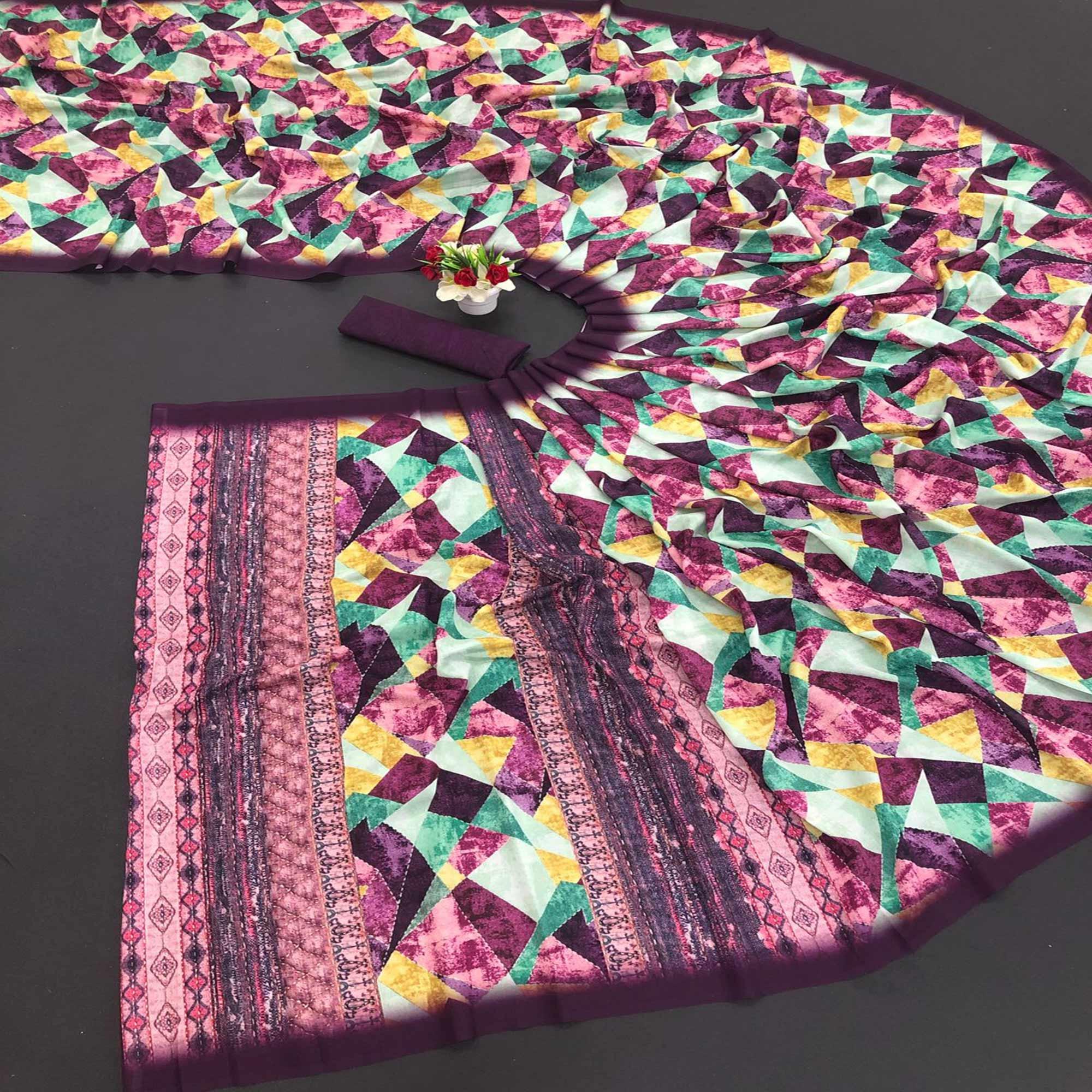 Purple Digital Printed Vichitra Silk Saree - Peachmode